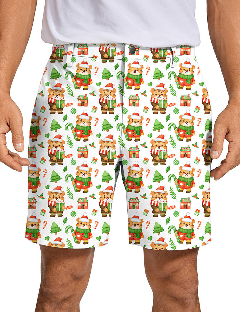 Men's Christmas tiger golf shorts with festive tiger pattern, quick-dry, lightweight, and wrinkle-free design.