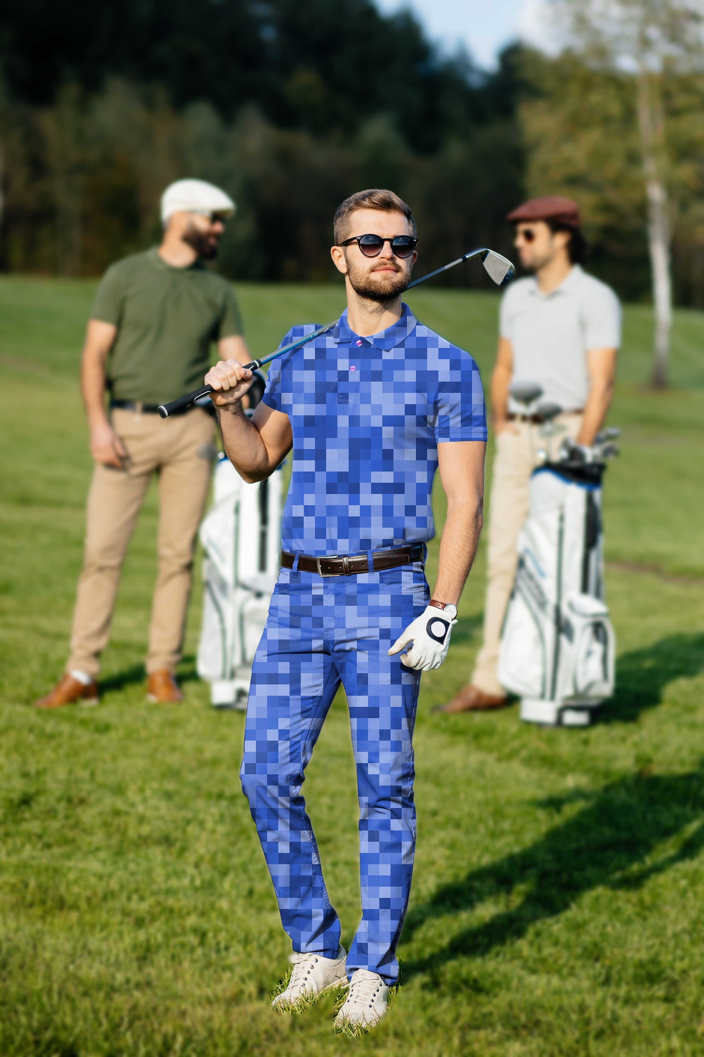 Men's golf set polo and pants in navy blue pixel pattern with stretch, moisture-wicking fabric and classic fit