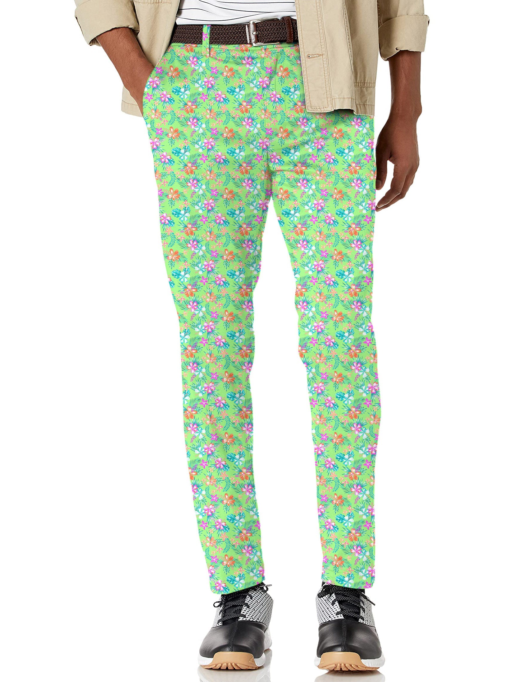 Men's vibrant blossom stretch golf pants with floral pattern and moisture-wicking fabric