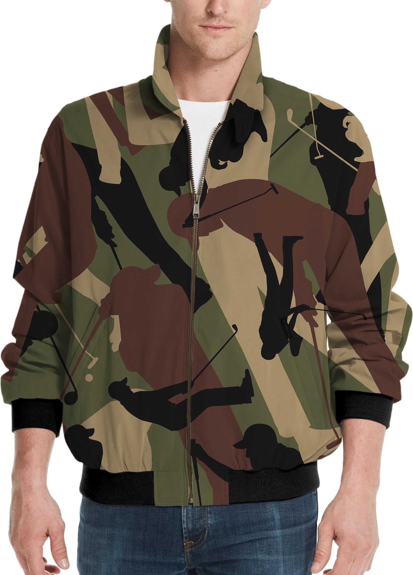 Men’s army green golf windbreaker jacket with camo pattern and custom logo option