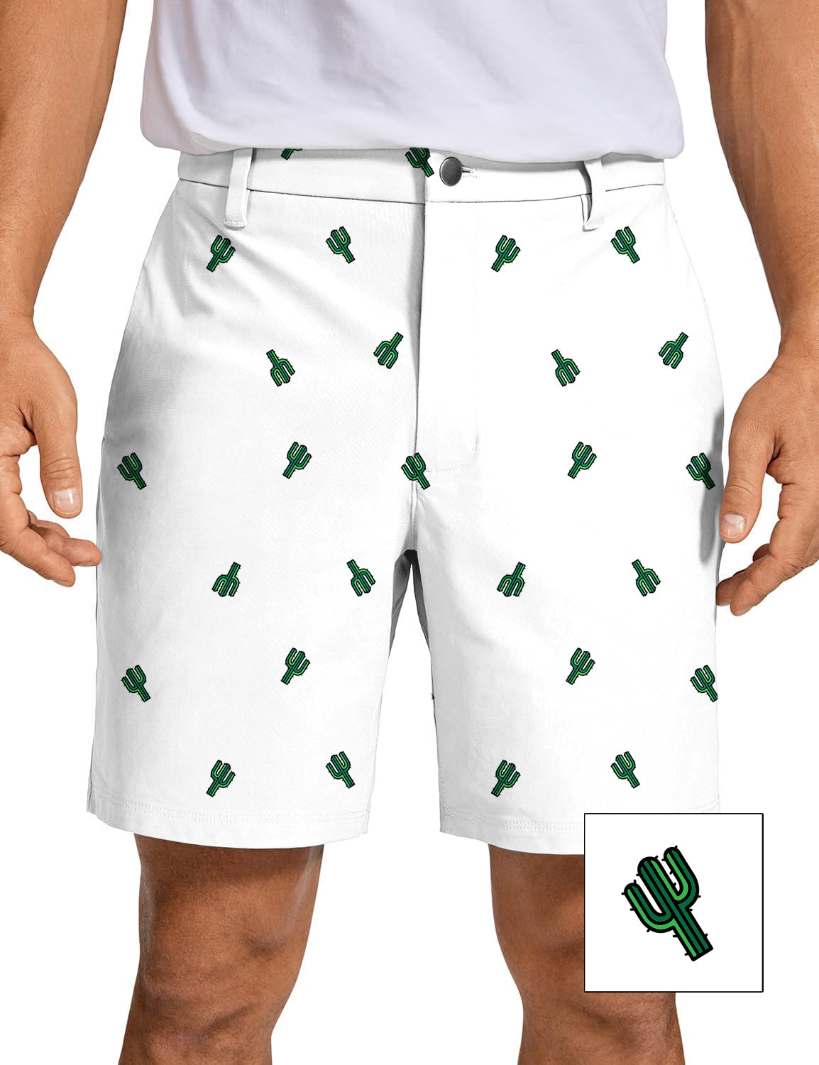 Men's Cactus Custom white golf shorts with green cactus print, quick dry and lightweight fabric