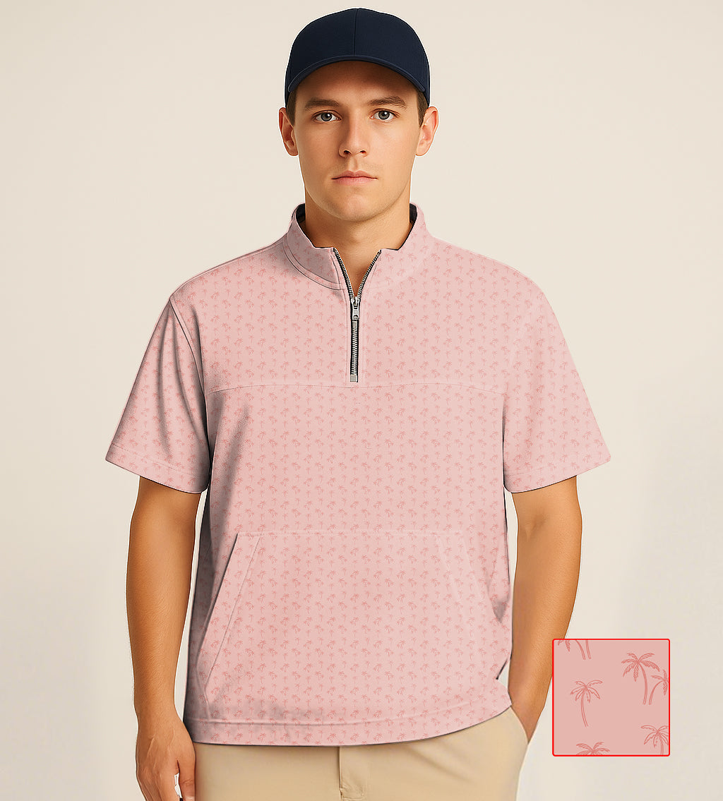 Men's pink half zipper turtleneck golf shirt with coconut tree embroidery and short sleeves