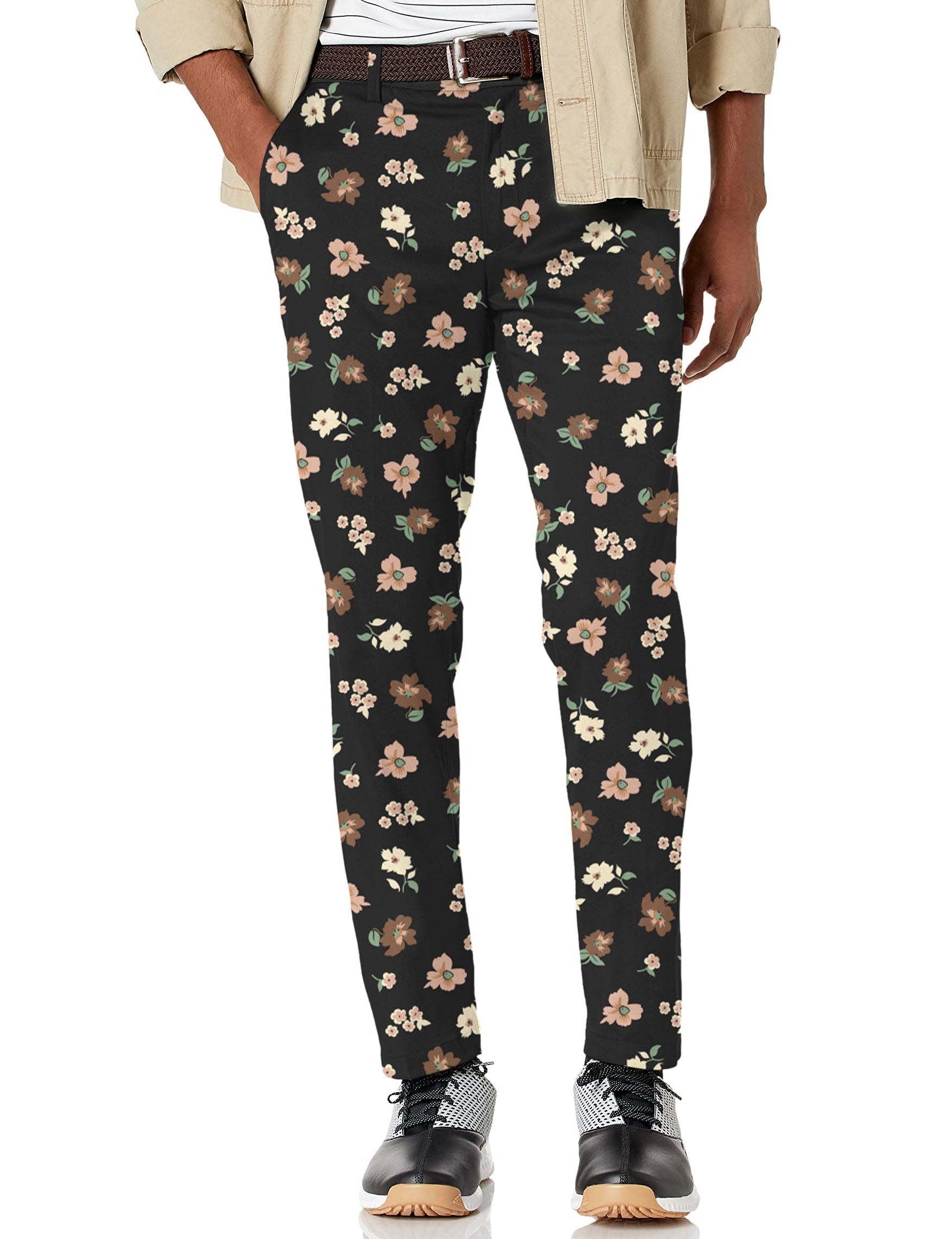 Men's black flower stretch golf pants with moisture-wicking fabric and floral pattern