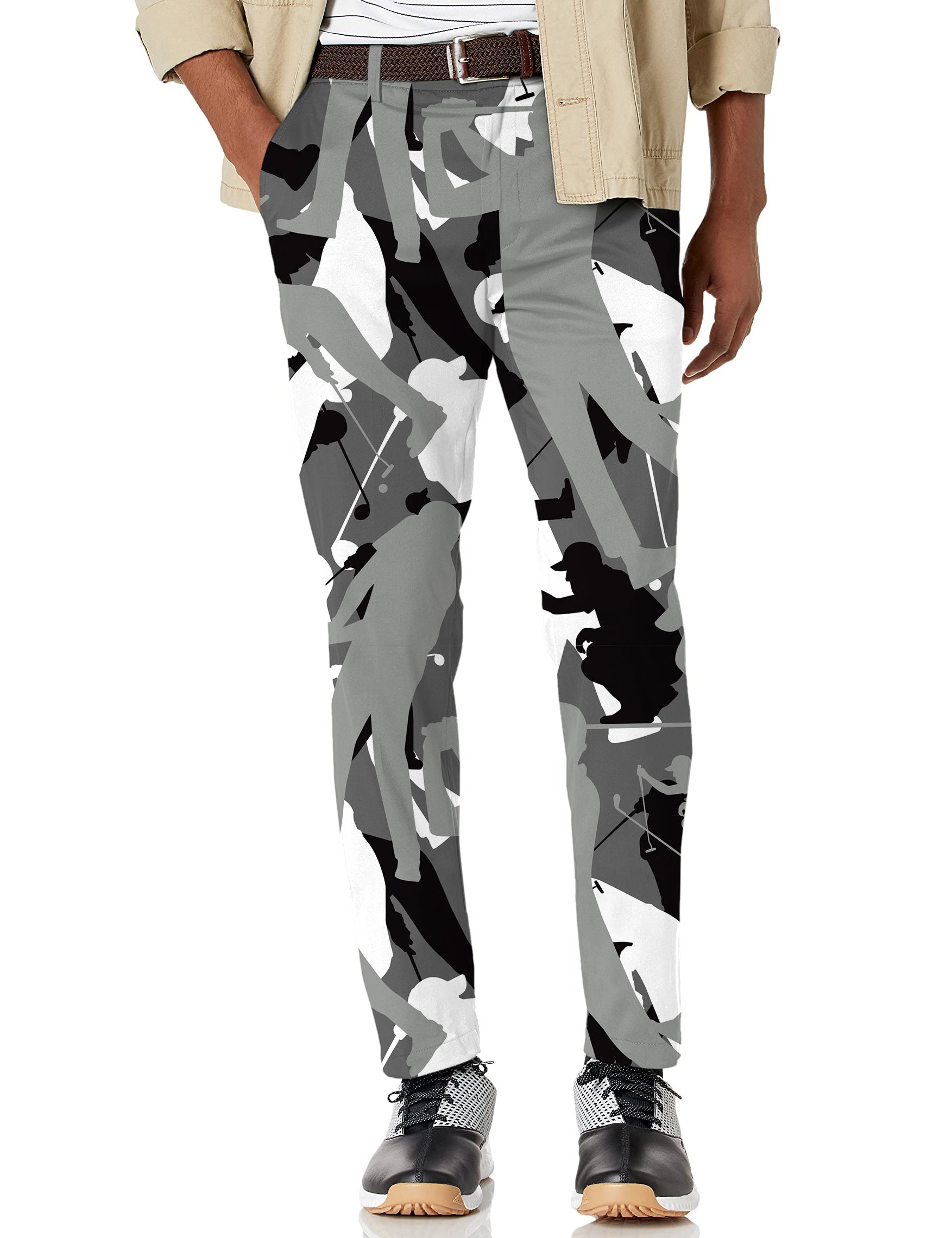 Men's black and white golf stretch pants with moisture-wicking fabric and active waistband