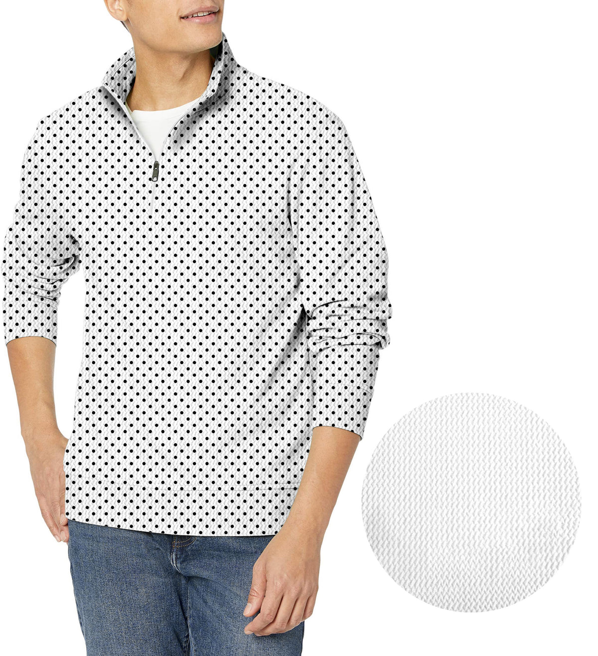 Black polka dots white background Men's Golf Waffle Zipper Pullover