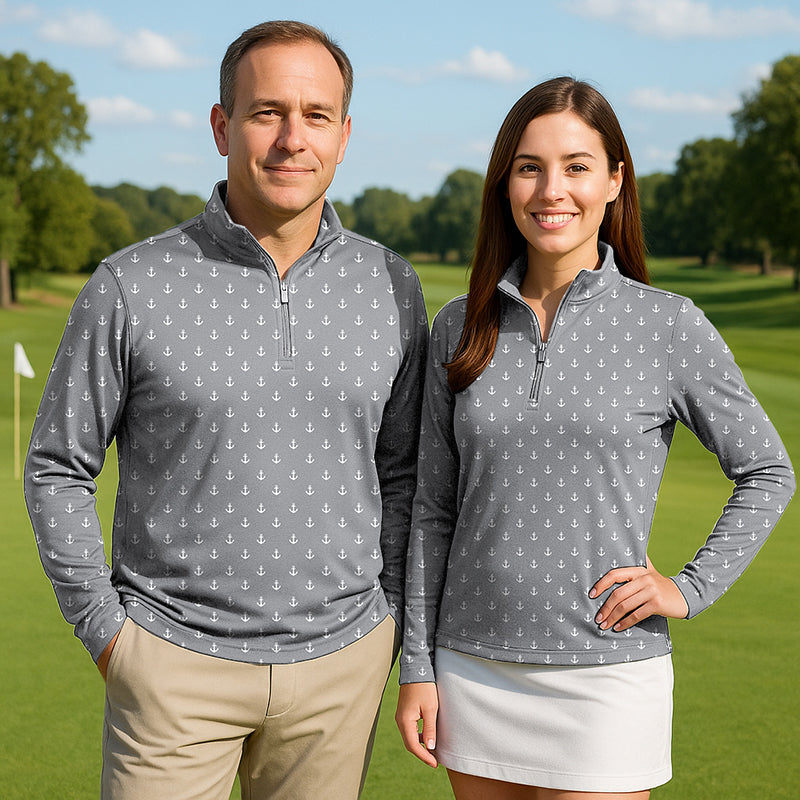 Light gray anchor couple golf active 3/4 zip tops with long sleeves on outdoor golf course