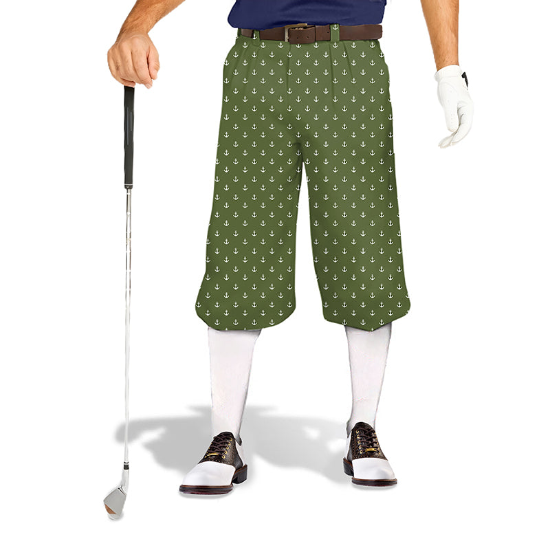 Olive green men's golf knickers with white anchor pattern, snug ankle cuffs, and breathable fabric for performance