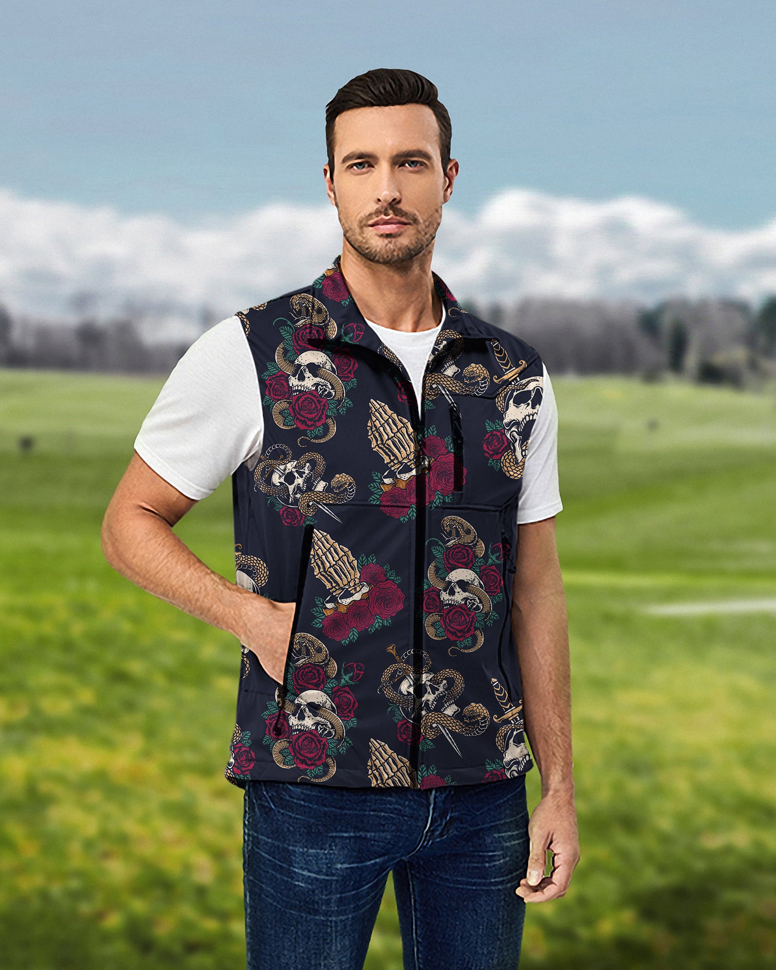 Men's Halloween Snake Skeleton Lightweight Softshell Vest Sleeveless Jacket for Golf Windproof Waterproof