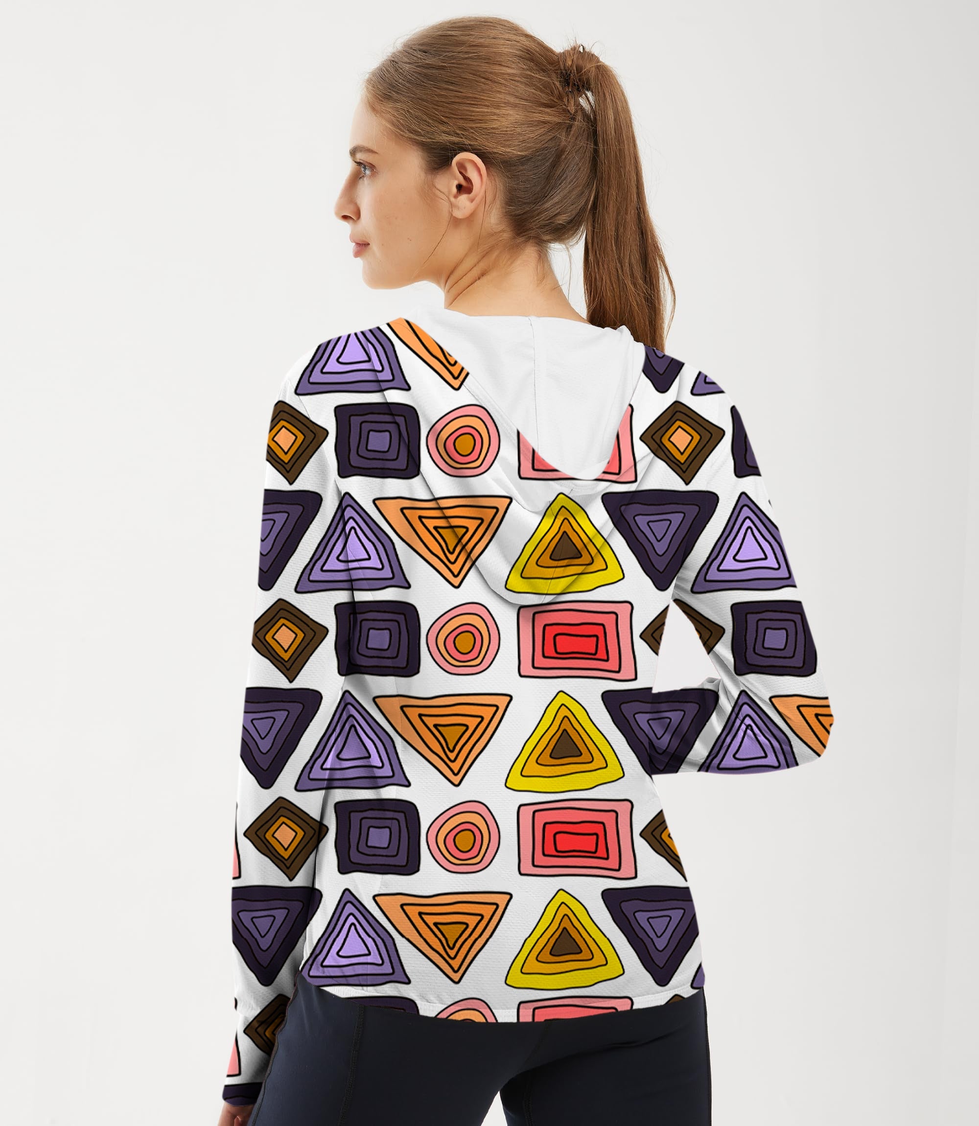 Women's outdoor slim fit zip hoodie with colorful triangle tribal pattern and sun protection features