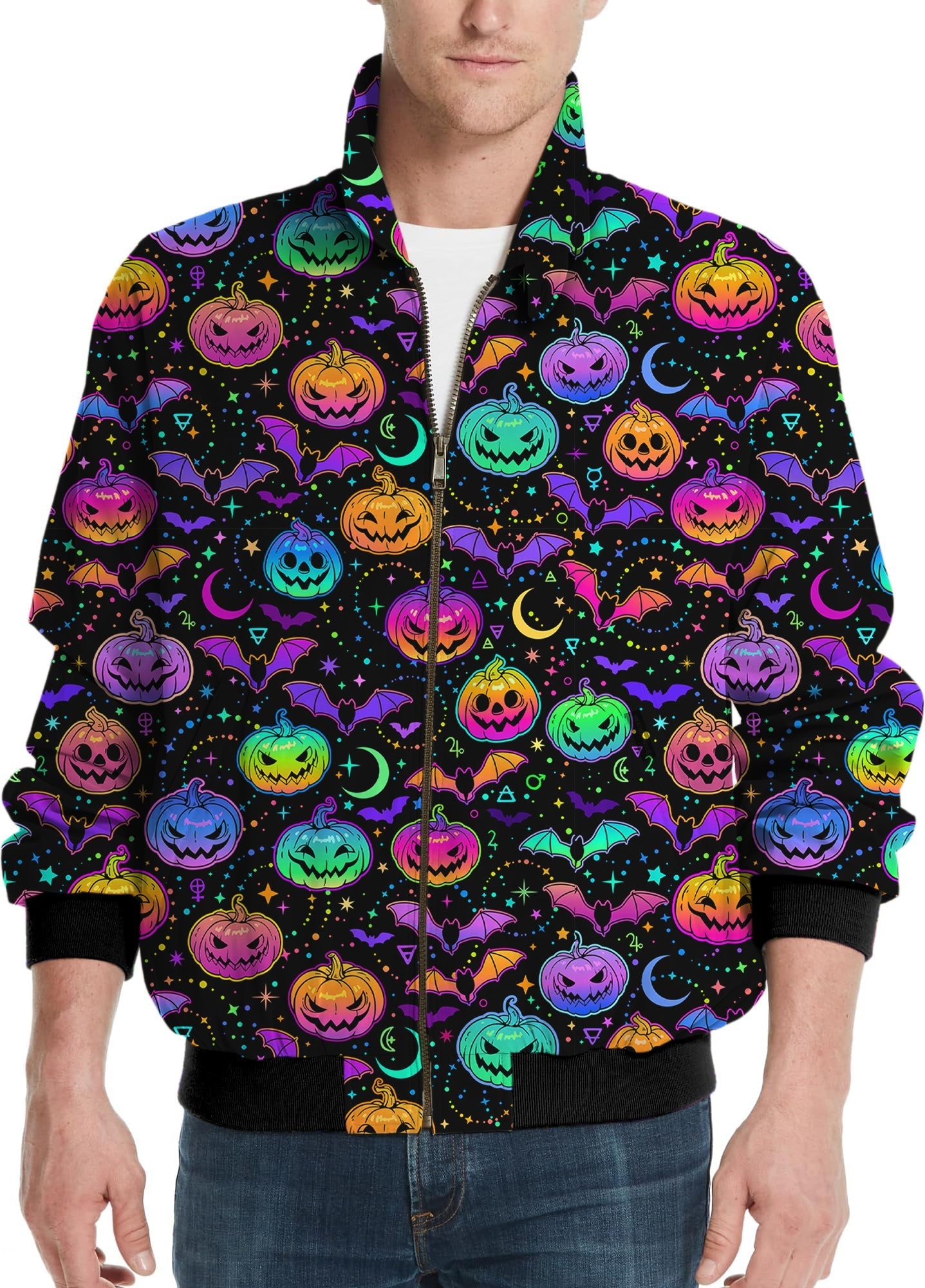 Neon Halloween Pumpkin men's golf windbreaker jacket with colorful pumpkins and bats design
