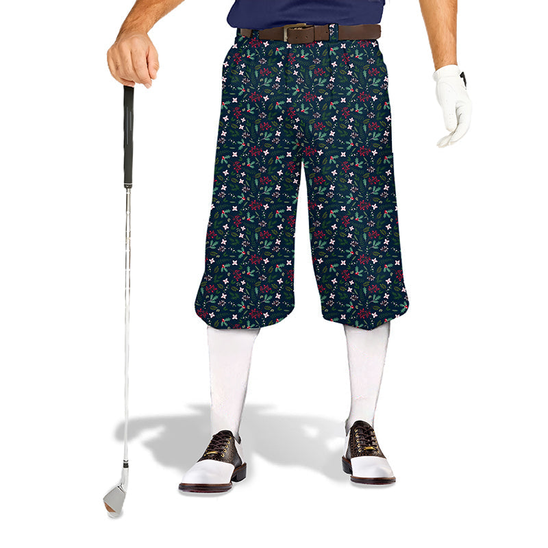 Christmas holly men's golf knickers with adjustable velcro and snug ankle cuffs in soft, breathable fabric