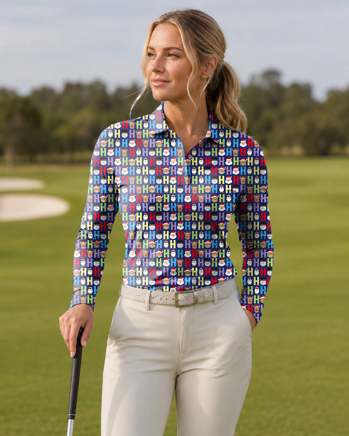 Cartoon H Elk Christmas Women's Long-Sleeved Golf Polo