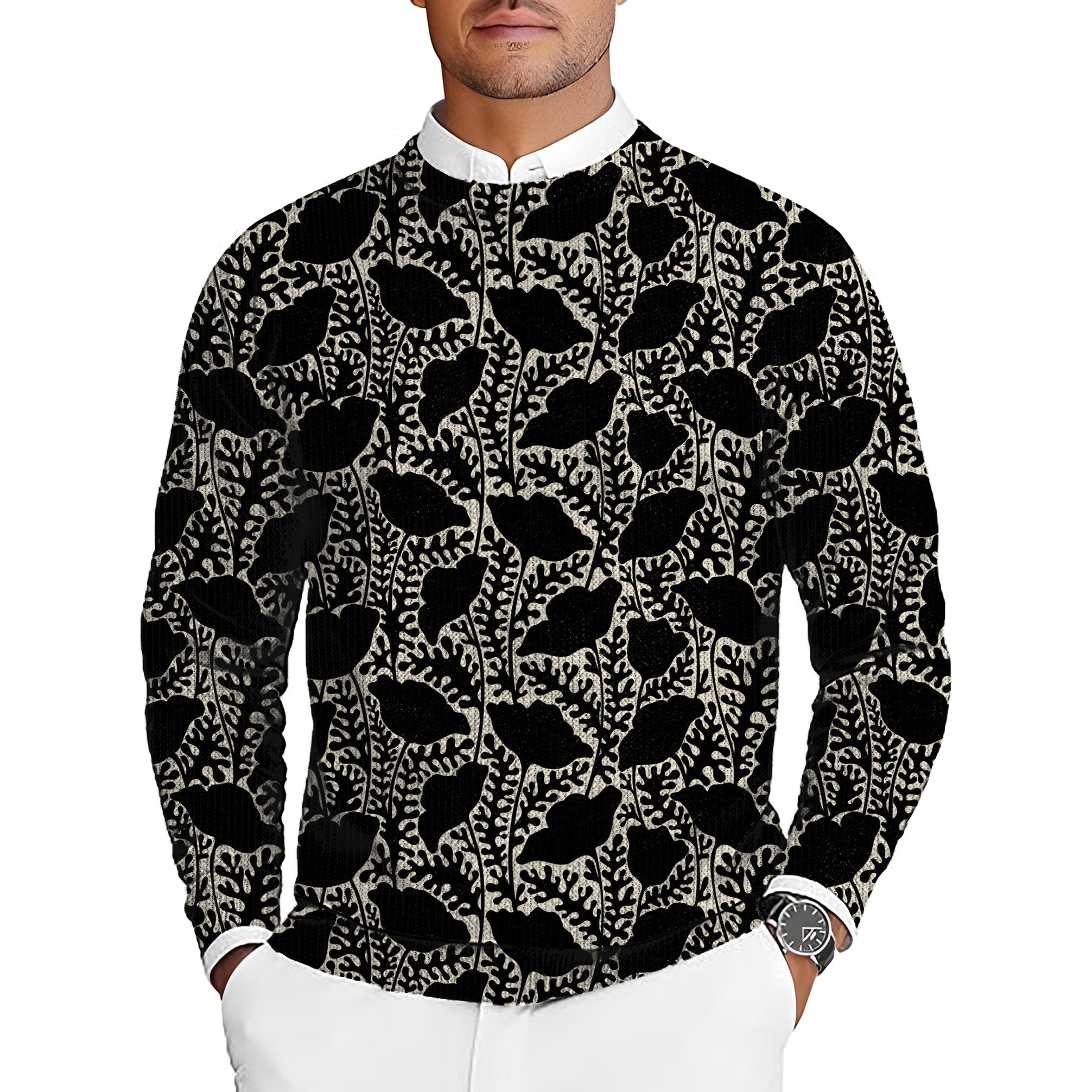 Monochrome Bloom men's golf crewneck pullover sweater with black and gray floral pattern