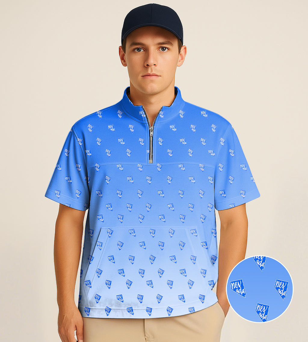 Men's Short Sleeve Quarter Zip Golf Pullover Blue Nevada Embroidery
