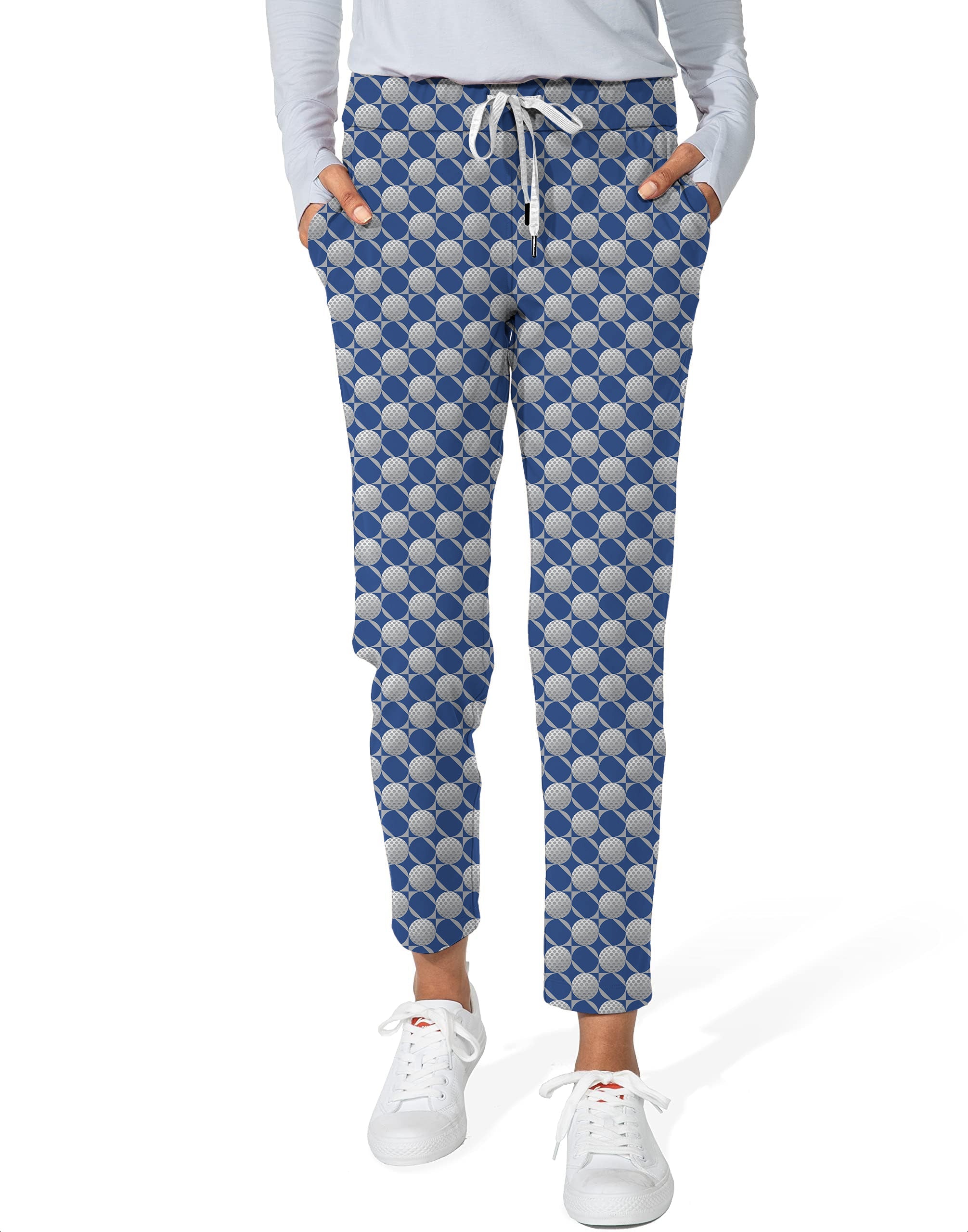 Women's 7/8 stretch ankle golf pants with blue golf ball pattern, limited edition golf apparel