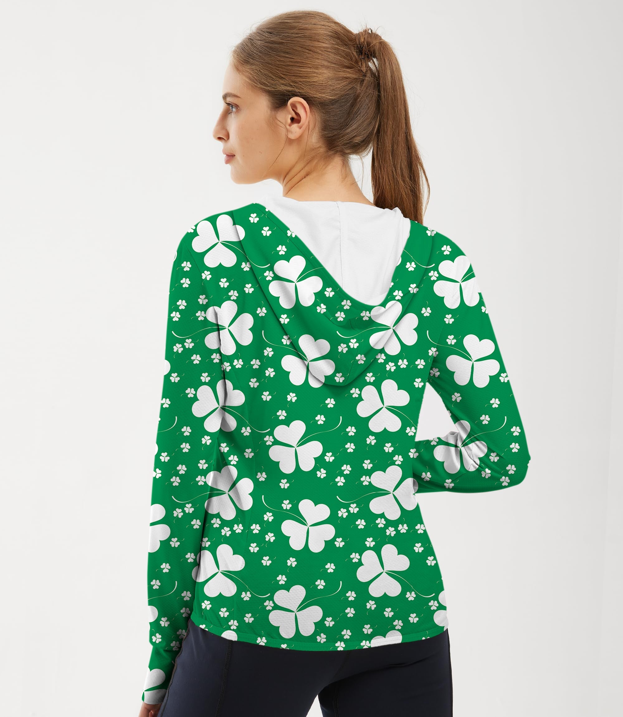 Women's outdoor leaf clover St. Patrick's Day slim fit zip hoodie with sun protection for golf