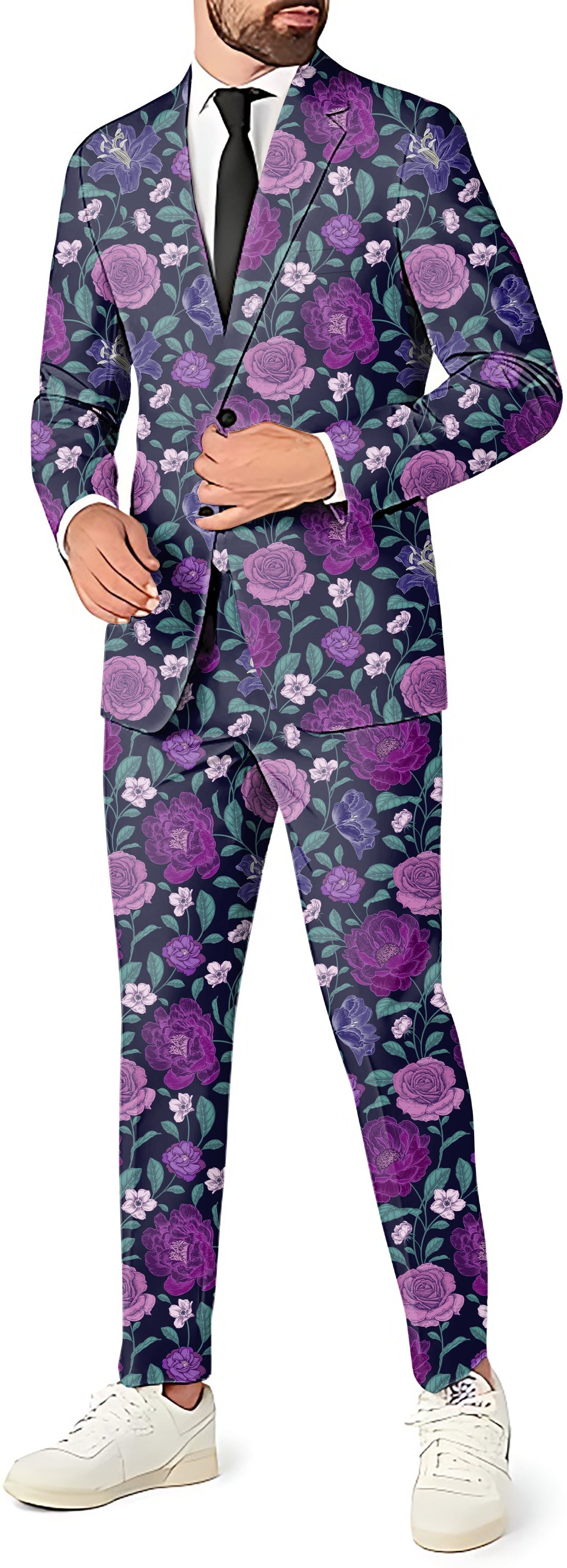 Purple floral men's party suit set with blazer, pants, and vest for themed events