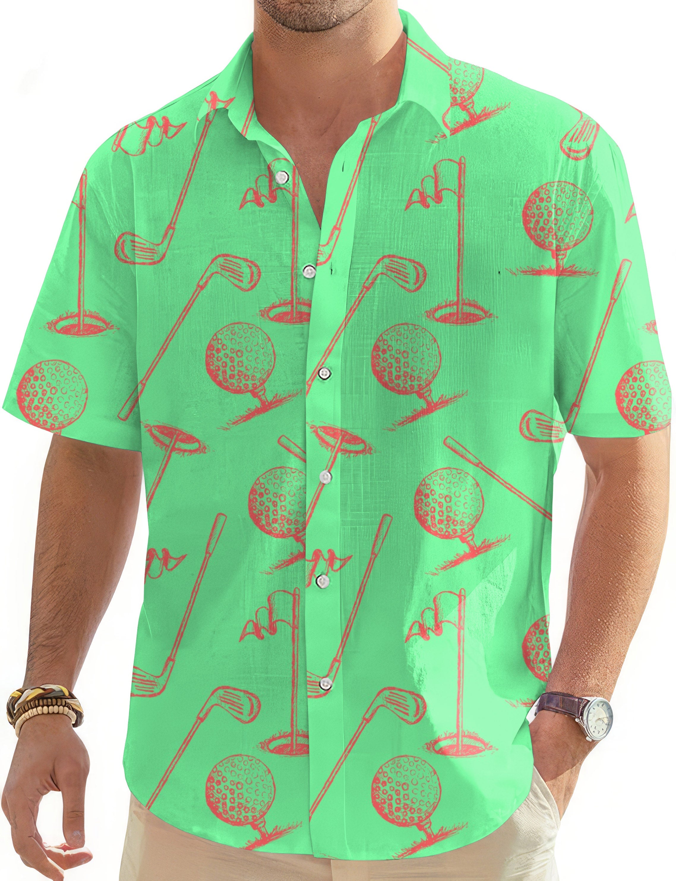 Green men's Hawaiian shirt with golf club and ball print, button-down collar, short sleeves