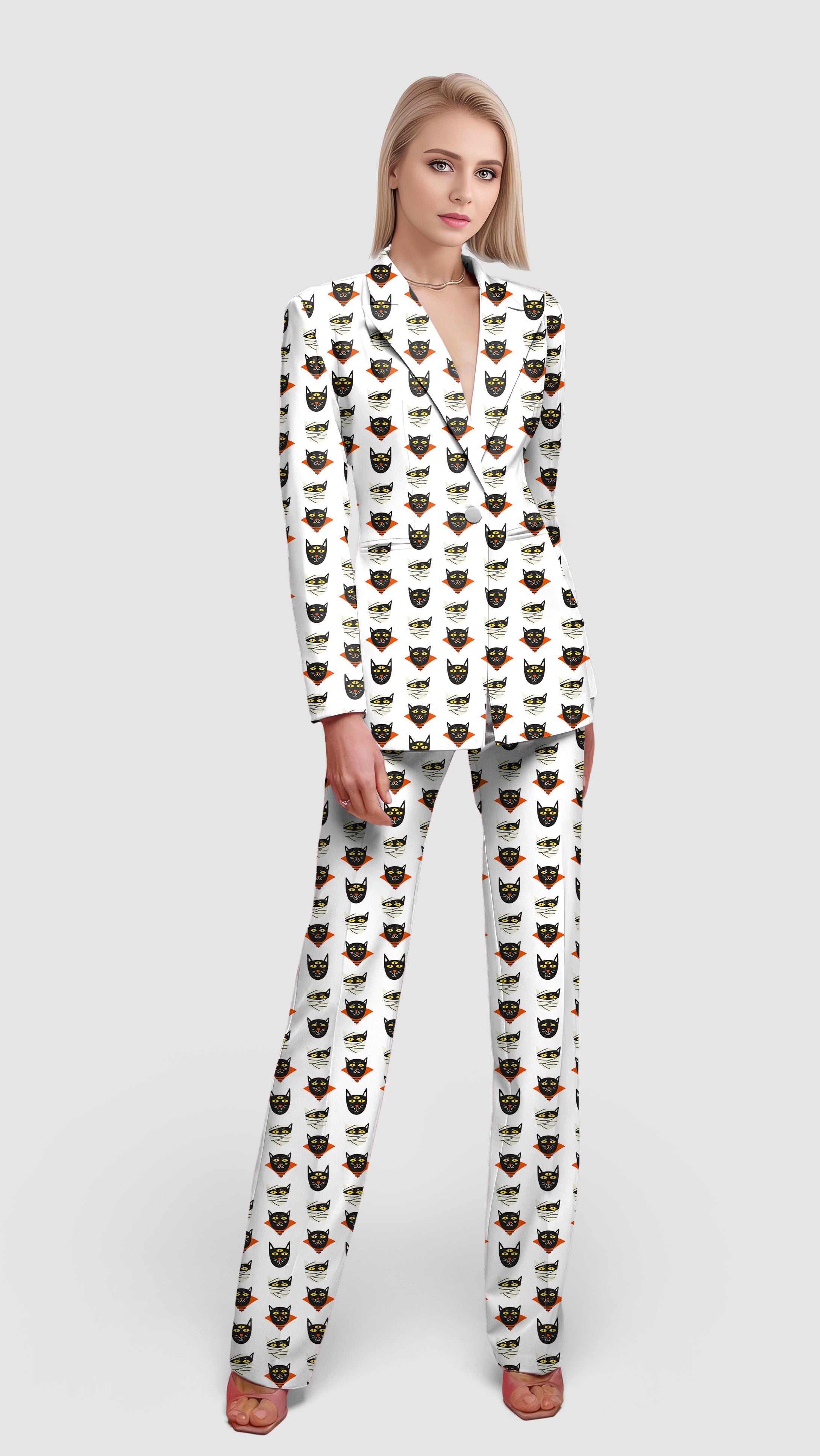 Women's Halloween Mummy Cat printed white blazer and pants suit set for casual and office wear