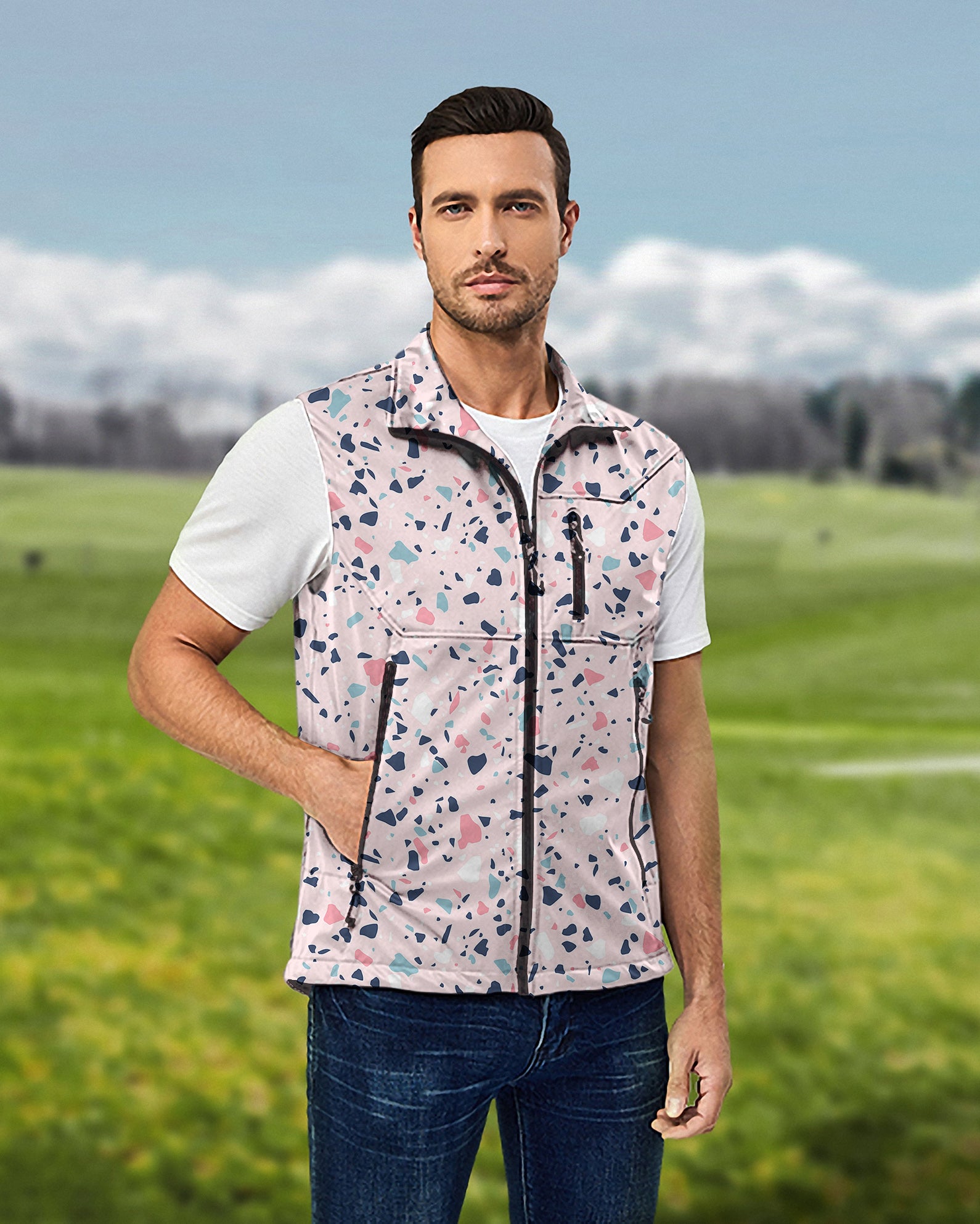 Men's Pink Paint Splatter Lightweight Softshell Vest Sleeveless Jacket for Golf Windproof Waterproof