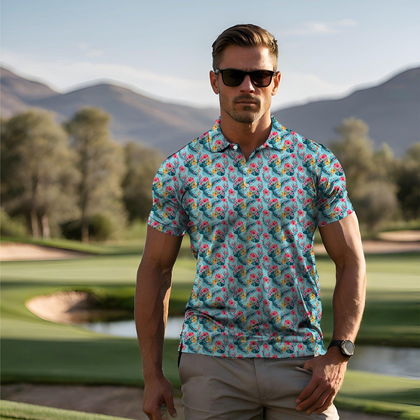 Men's Red tropical flowers golf polo