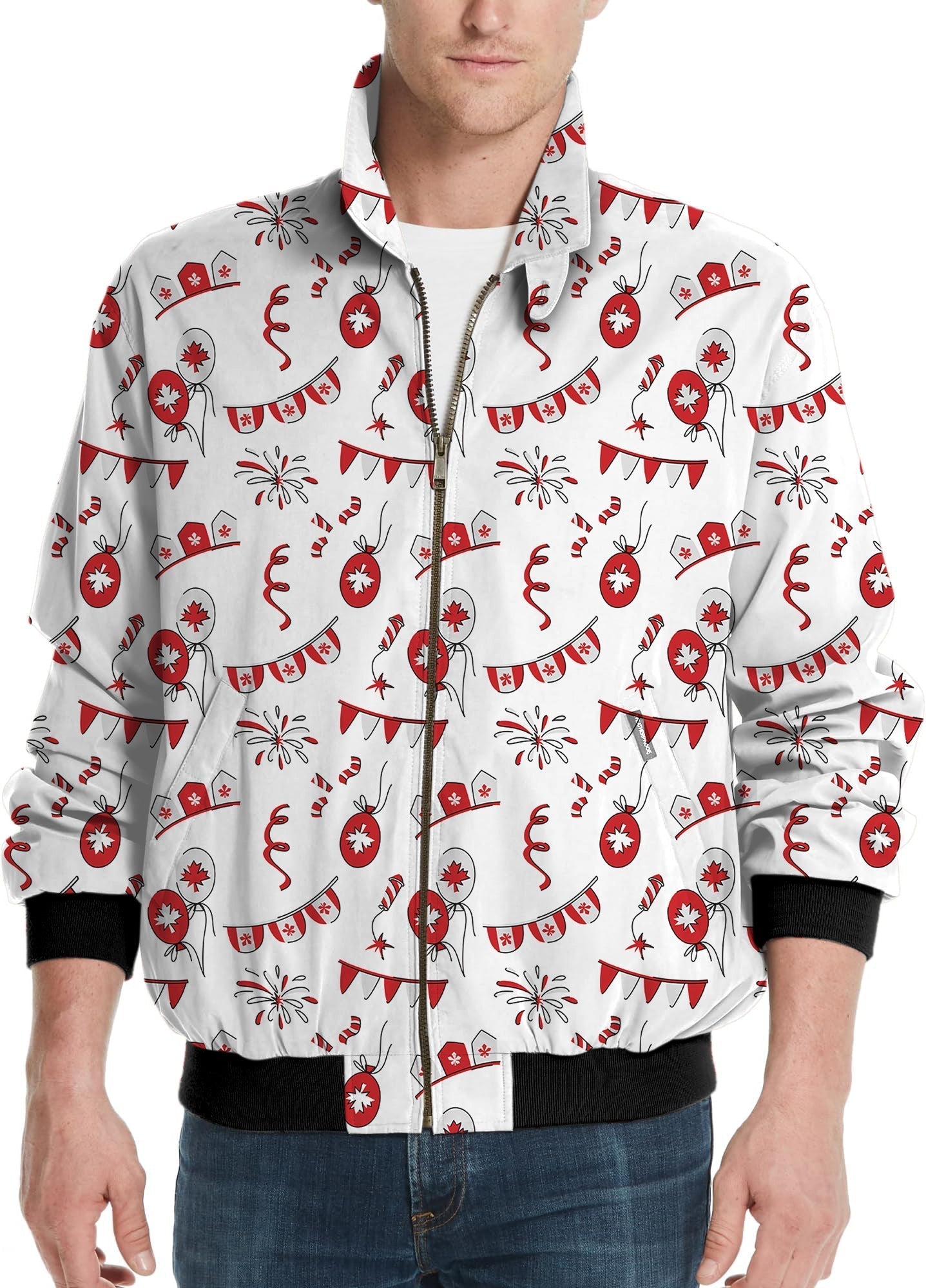 Men's Canadian Flag Celebration golf windbreaker jacket with festive red and white patterns