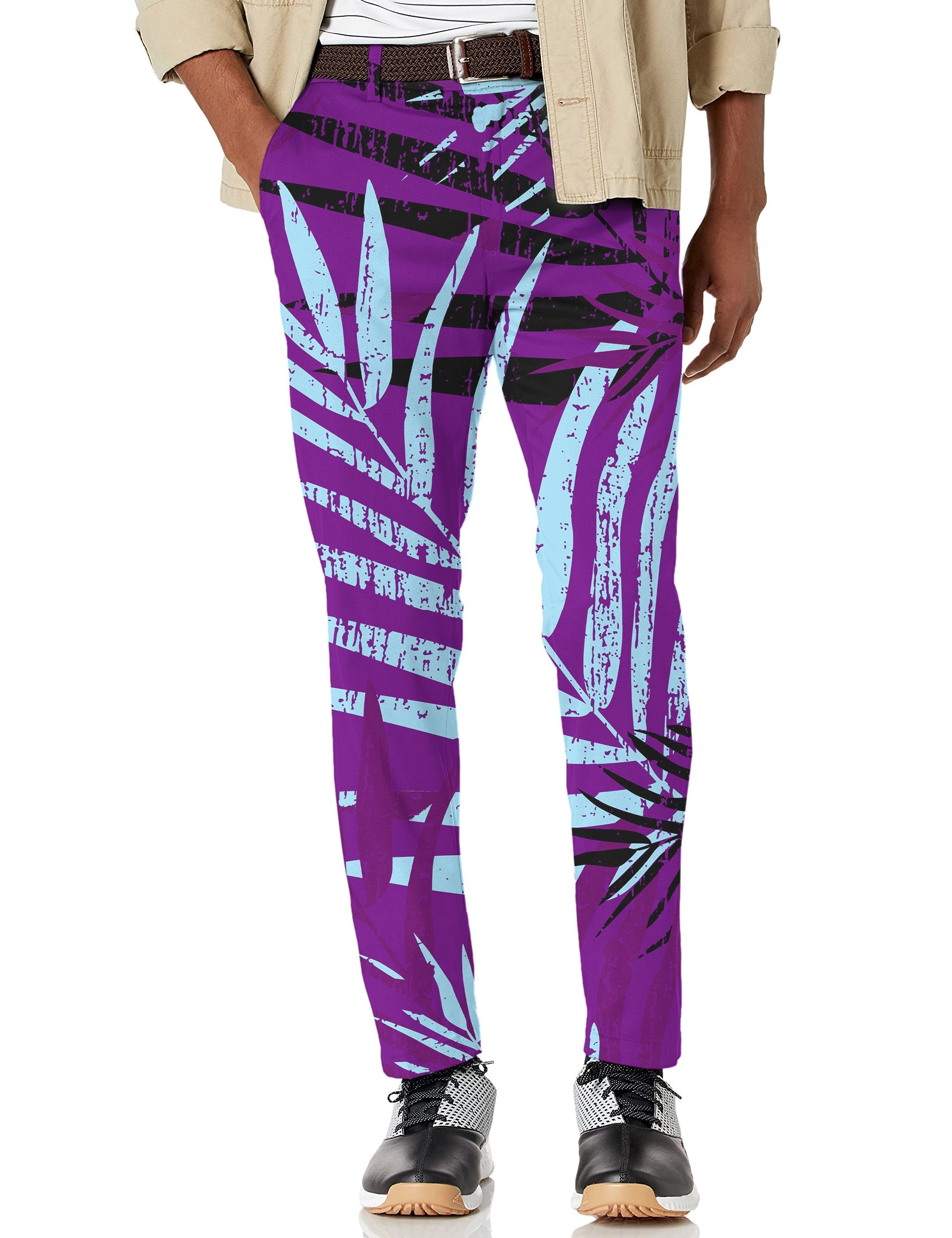 Men's purple leaf stretch golf pants with moisture-wicking fabric and active waistband