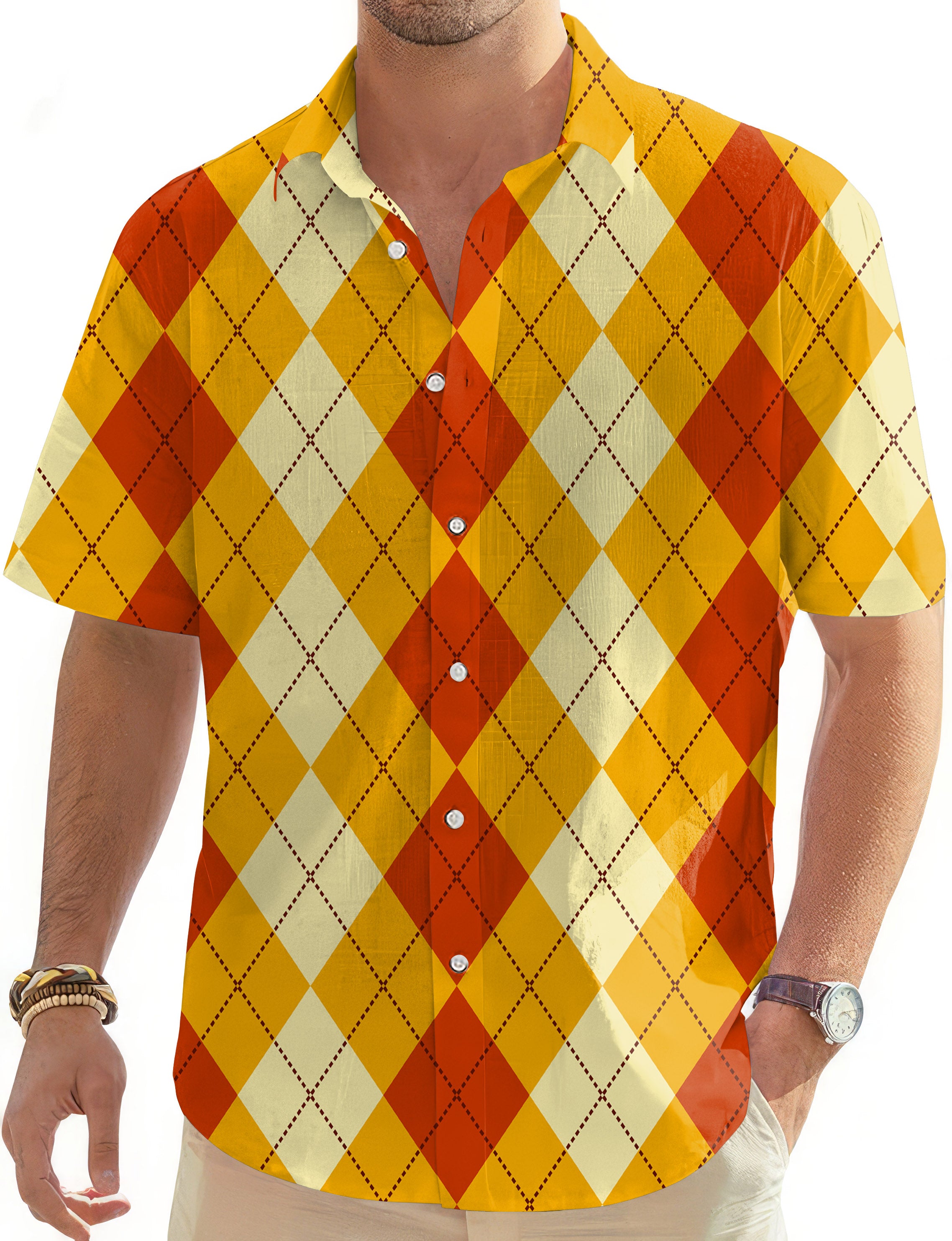 Halloween Light Yellow Red Argyle Men's Golf Hawaiian Shirts Button Down Shirt
