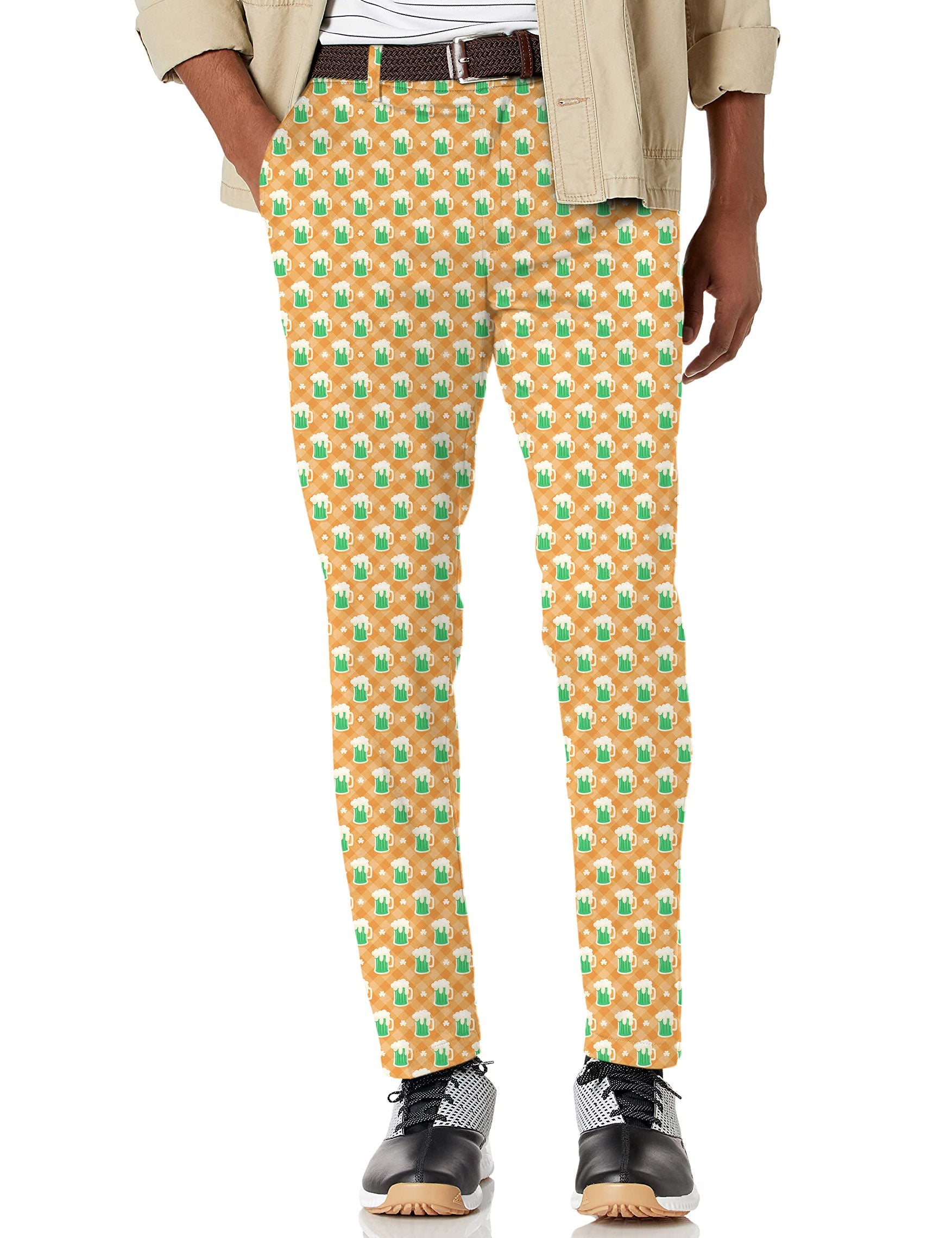 Men's green beer and clover leaf St. Patrick's Day stretch golf pants with moisture-wicking fabric and active waistband