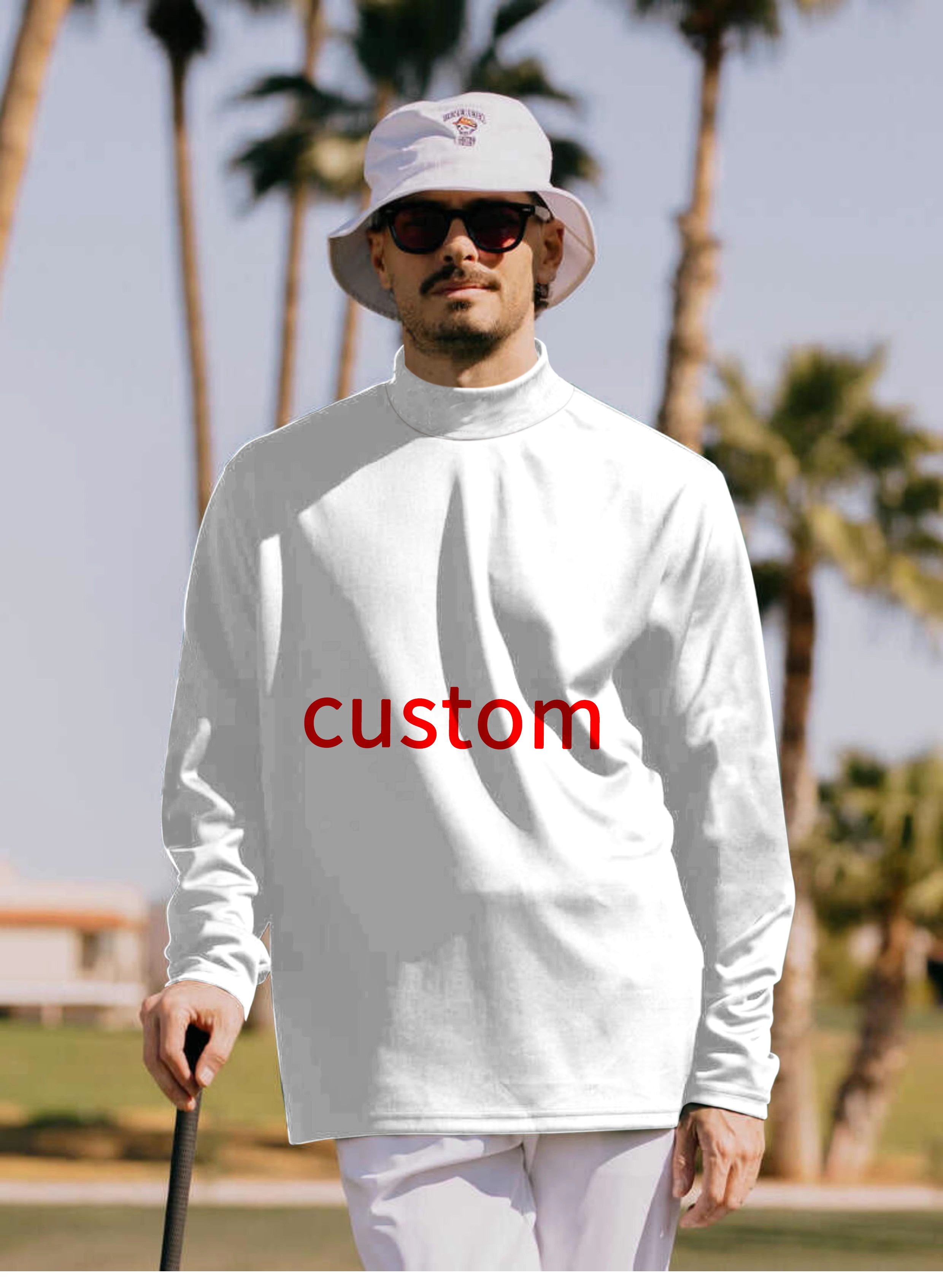 Man wearing custom own logo white high neck pullover long sleeve shirt outdoors