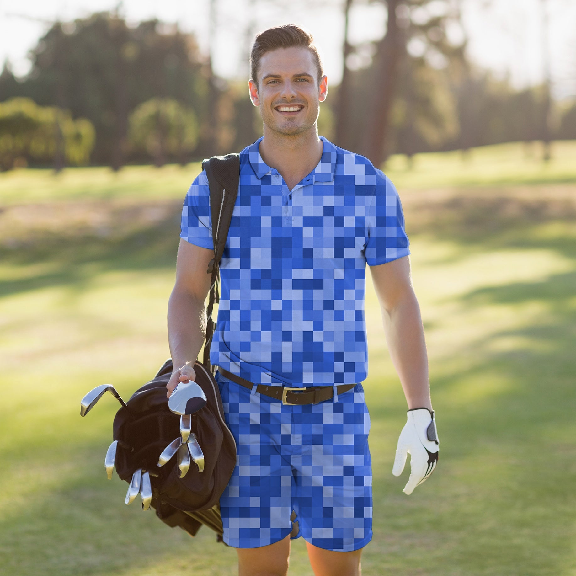 Men's golf set with navy blue pixel pattern polo and shorts, moisture-wicking, wrinkle-resistant, UPF 40+ protection, and four-way stretch fabric