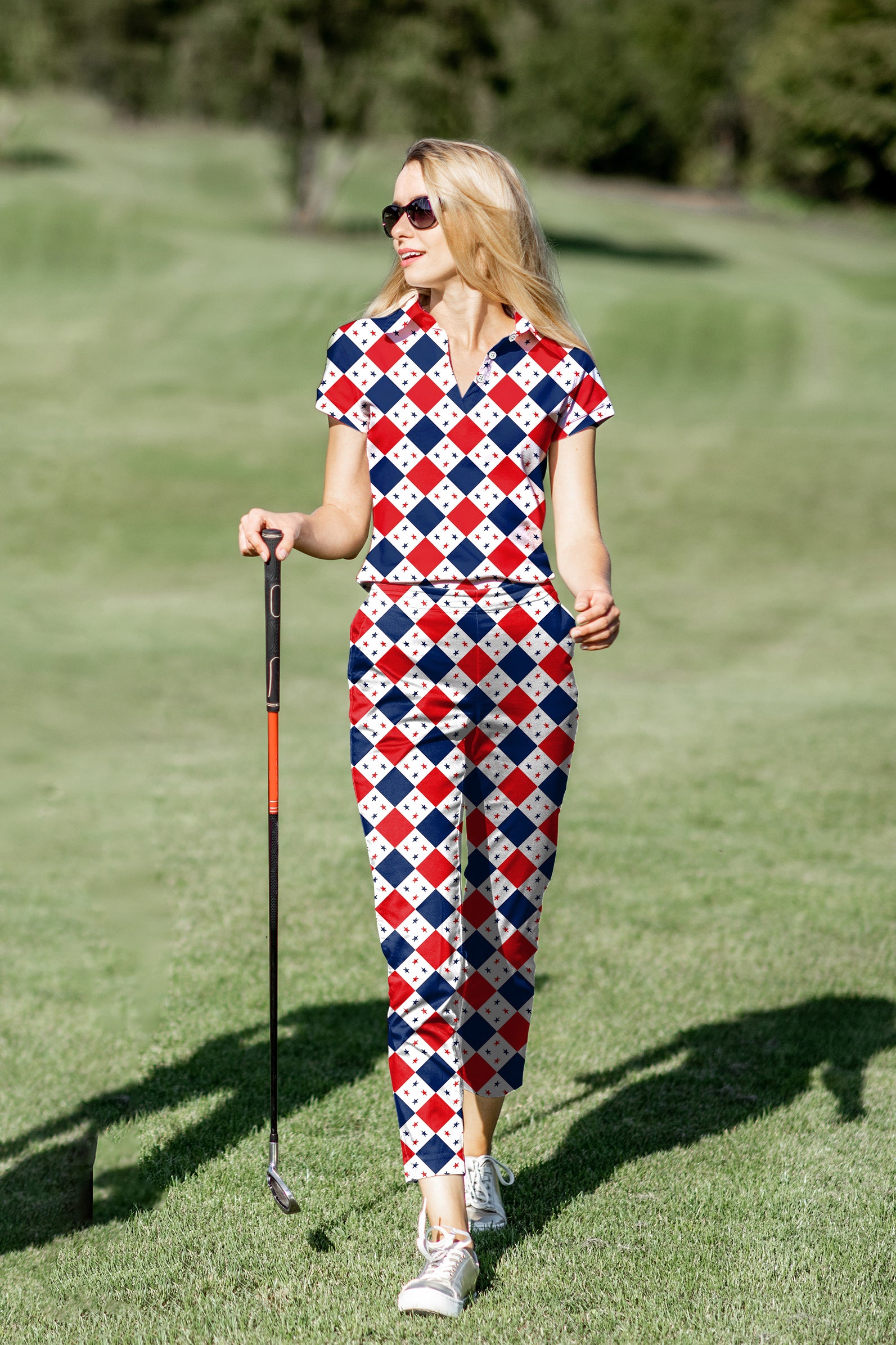 Women's Golf Polo+Pants Set Argyle US Star flag