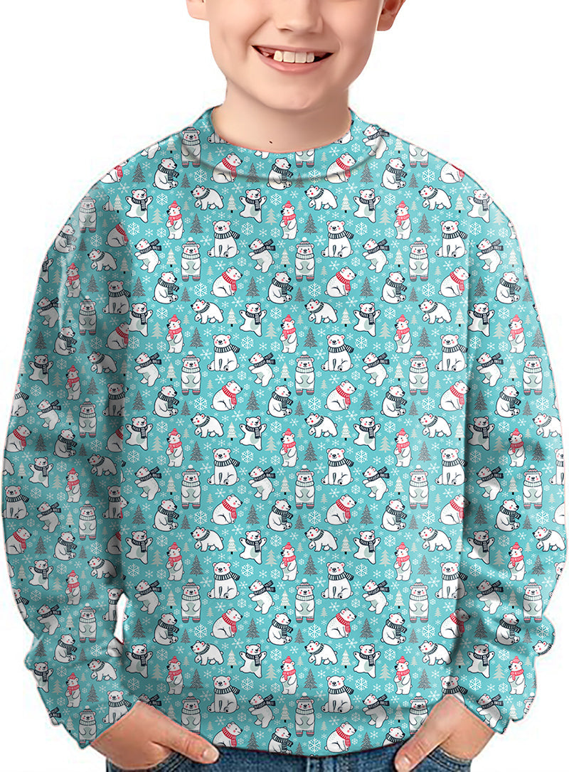 Kids Christmas white bear crewneck pullover ugly sweater with festive polar bear pattern
