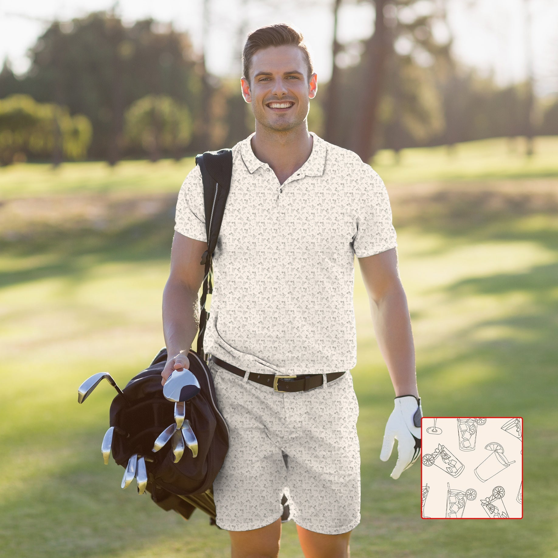 Men's golf set featuring beige polo and shorts with four-way stretch, moisture-wicking fabric, UPF 40+ protection, wrinkle resistance, and classic fit for business casual style on the green.