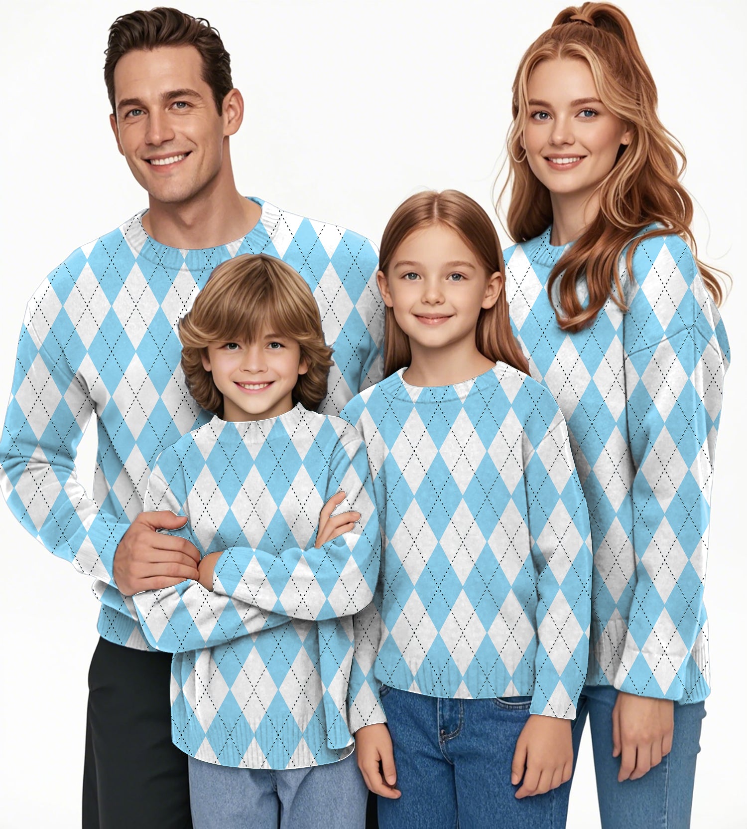 Blue diamond grid Crewneck Pullover Ugly Sweater Men Women boy girl family