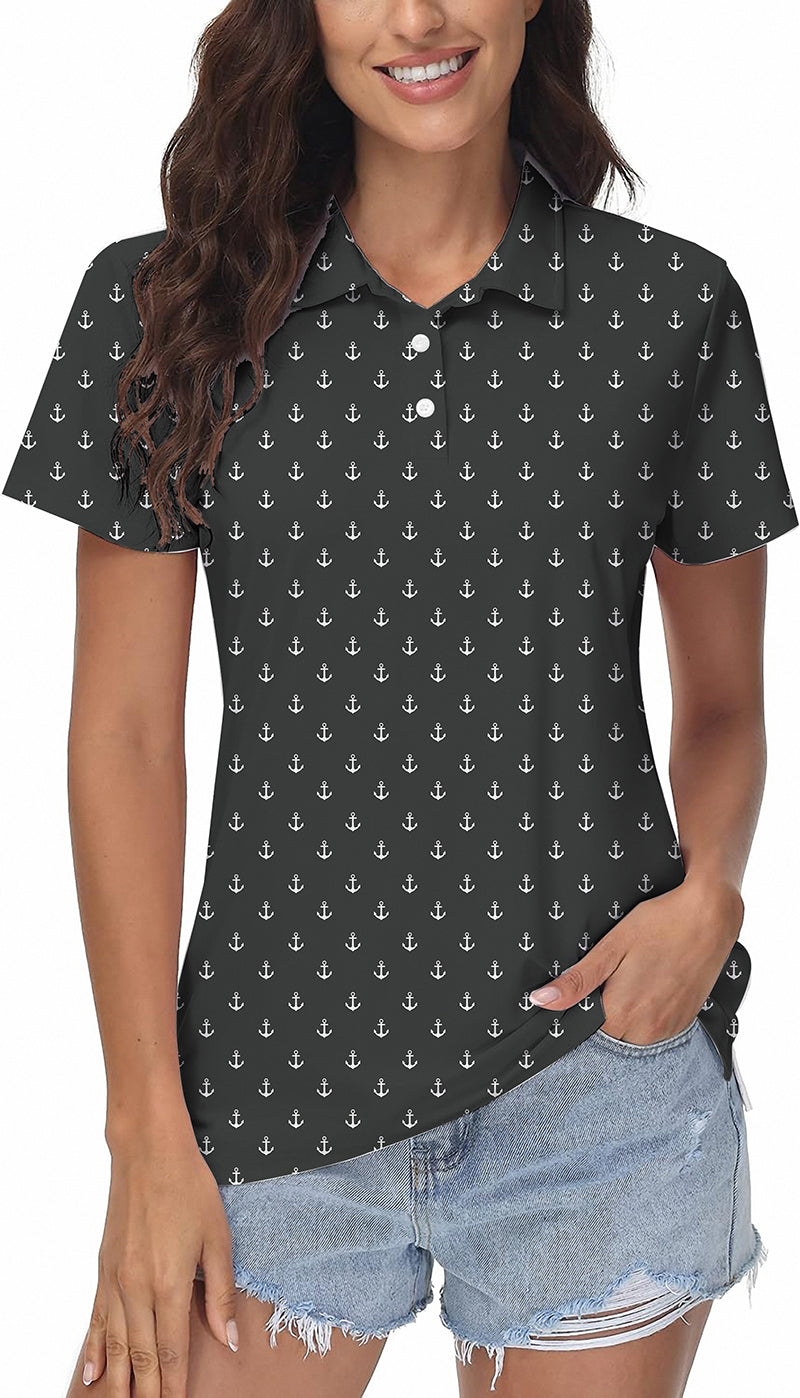 Black Anchor women's golf polo with anchor print, four-way stretch, moisture-wicking fabric, UPF 40+ protection, wrinkle resistant, and classic fit.