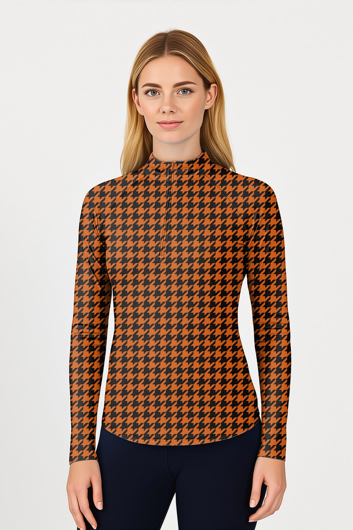 Halloween yellow and black houndstooth Women's Golf Active 3/4 Zipper Top Long Sleeves