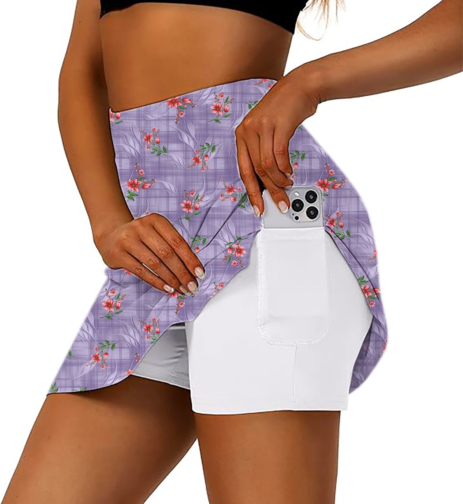 Purple flower women's athletic golf skorts with phone pocket and flared skirt design