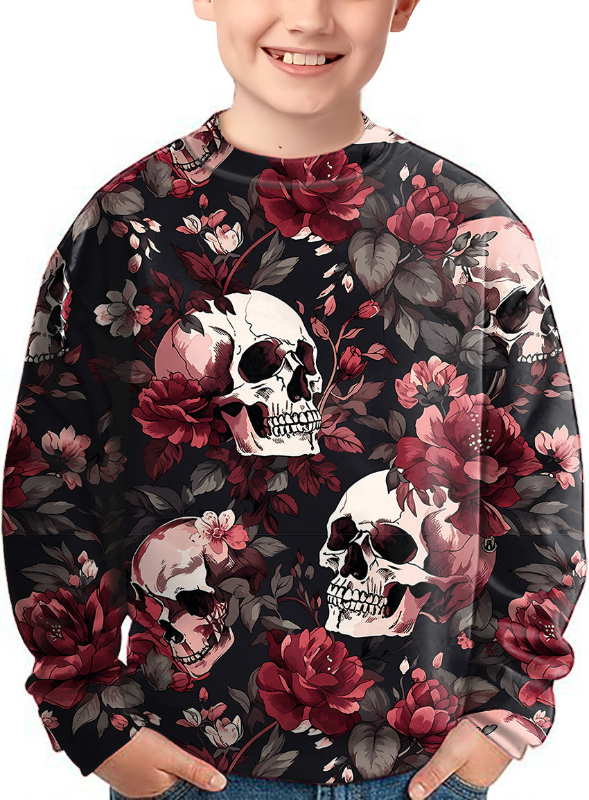 Kids Halloween floral skull crewneck pullover with dark floral skull design