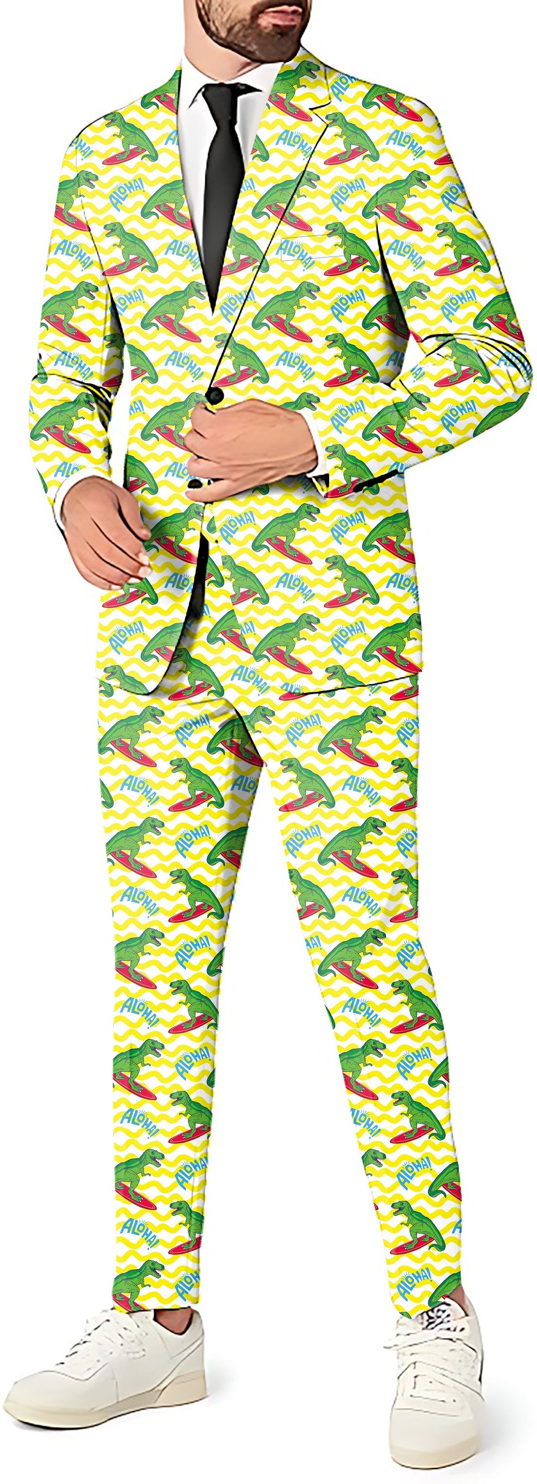 Friendly Dinos Men's party suit set with blazer, pants, and vest featuring colorful dinosaur print