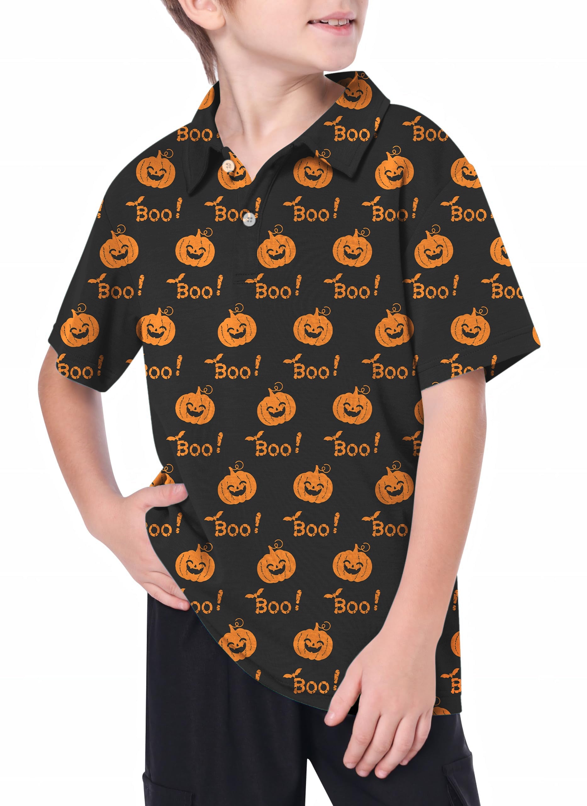 Youth Halloween Boo Pumpkin golf polo shirt for kids with pumpkin and "Boo!" print