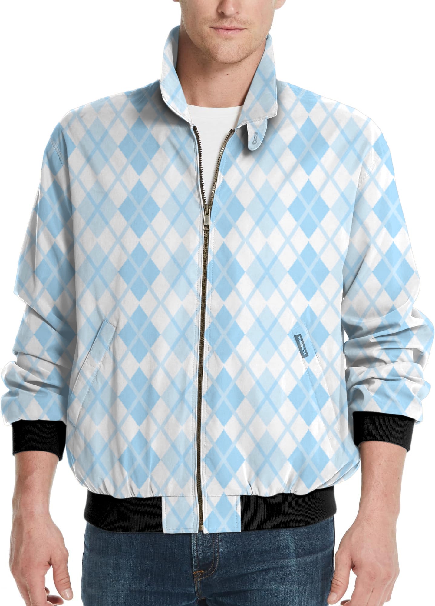 Men's Argyle blue grid golf windbreaker light jacket with zipper and black cuffs