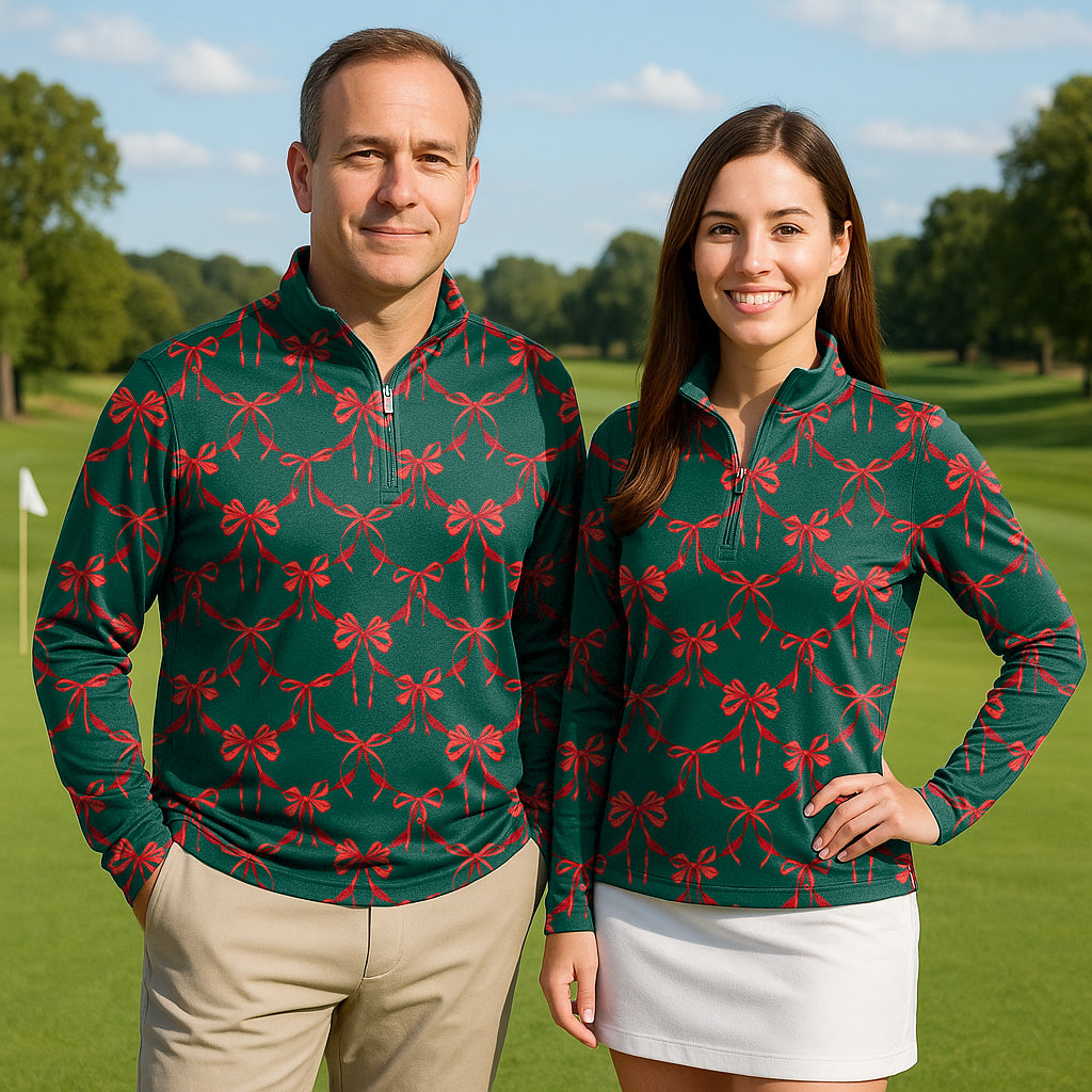 Christmas red knot detail Couple Golf Active 3/4 Zipper Top Long Sleeves
