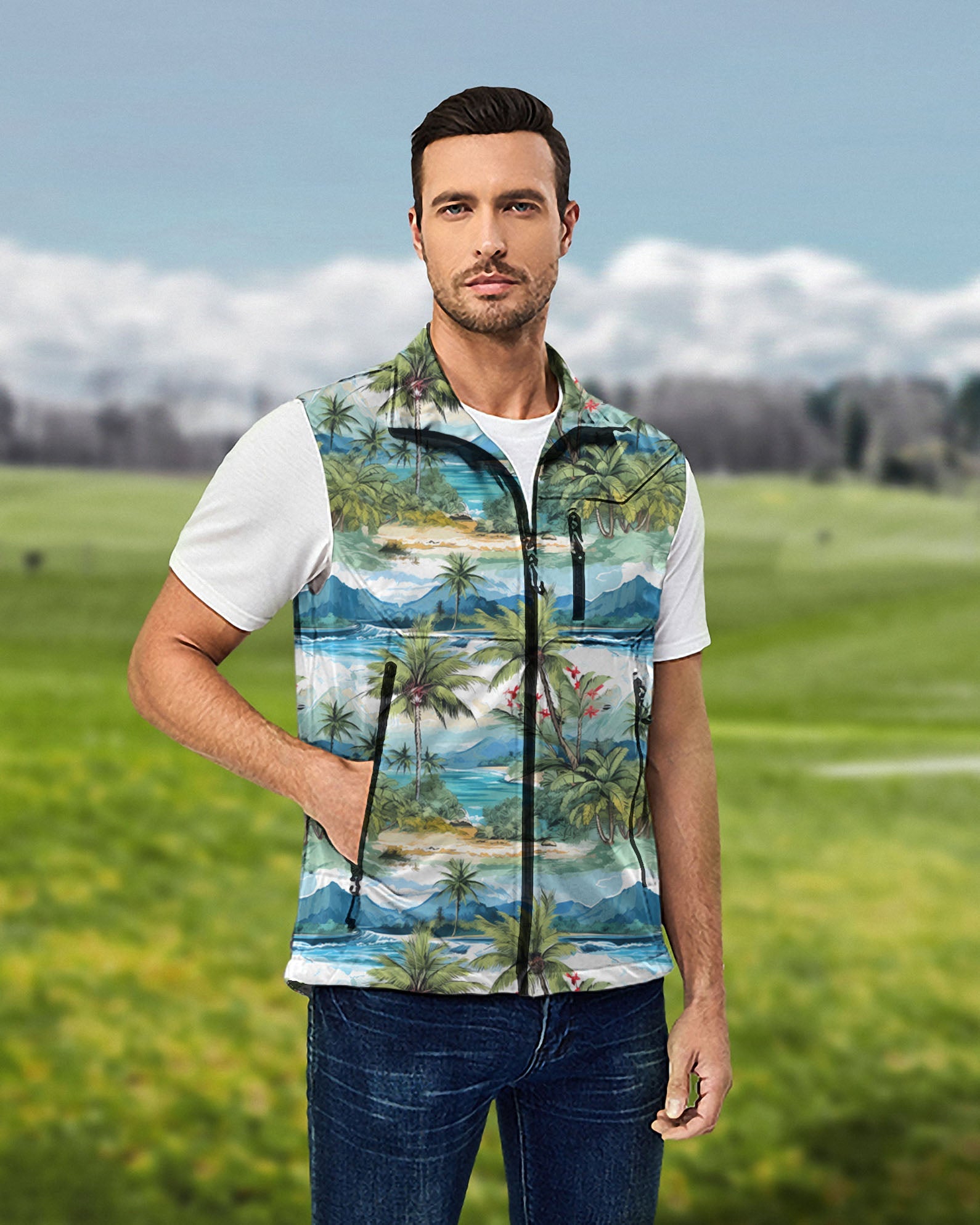Men's Hawaii palm tree lightweight softshell vest sleeveless jacket for golf, windproof and waterproof