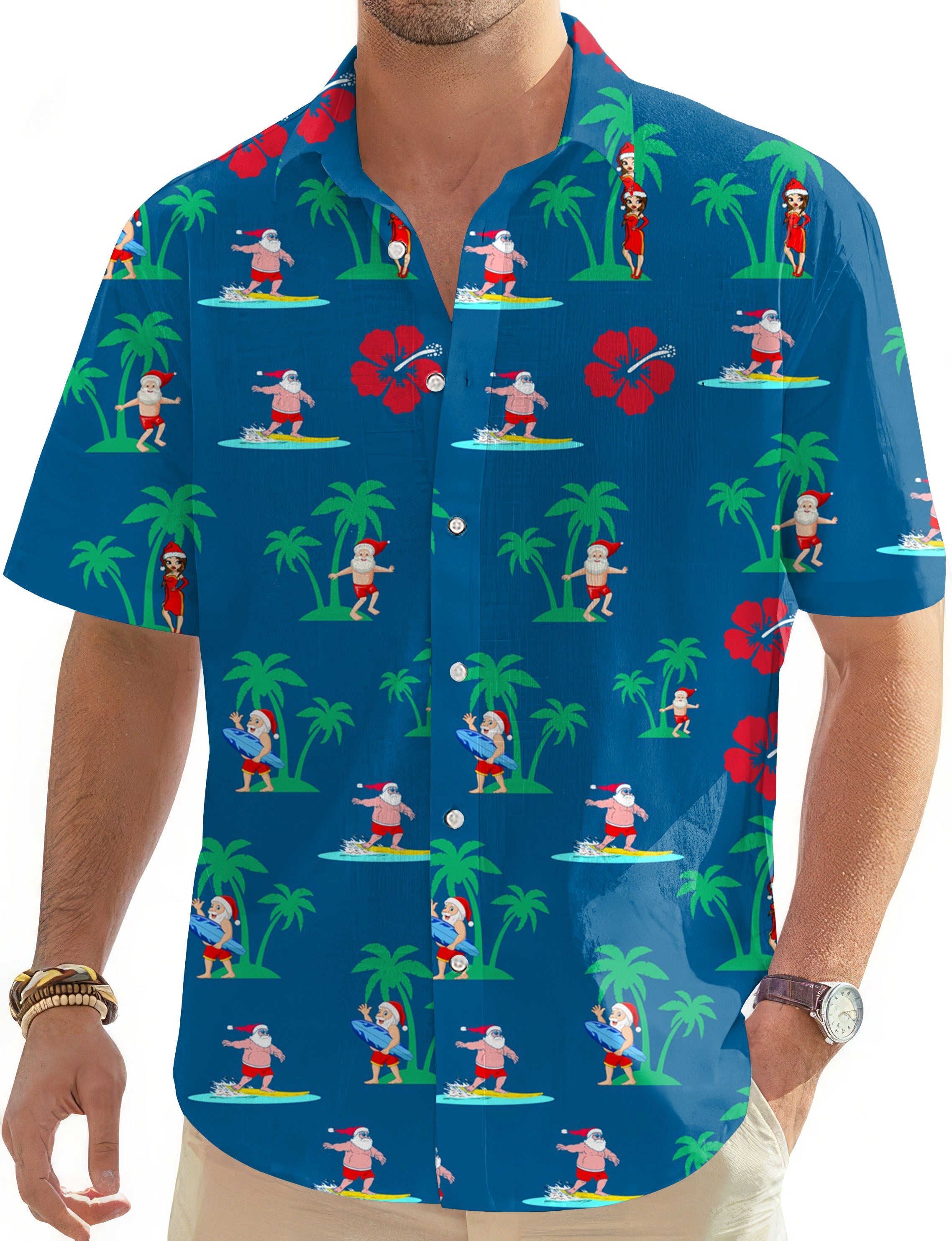 Men's Surfs Up Santa Hawaiian button-down golf shirt with palm trees and hibiscus flowers pattern