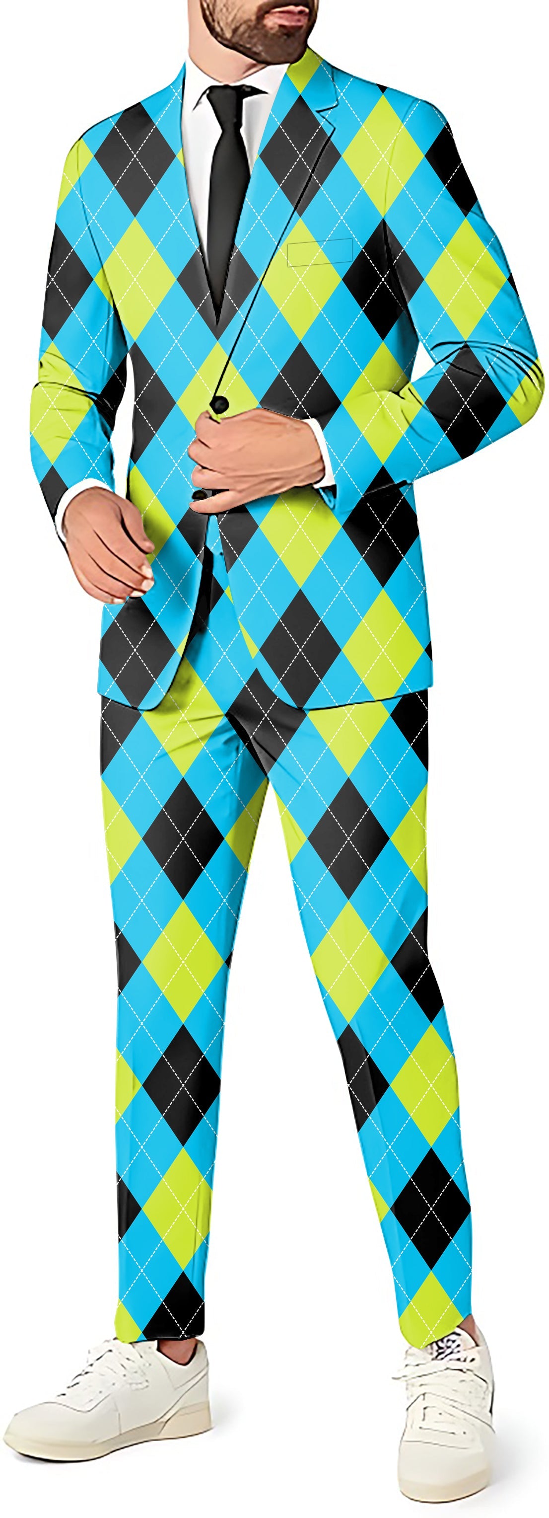 Halloween black green blue white argyle men's suit with blazer and pants for theme party