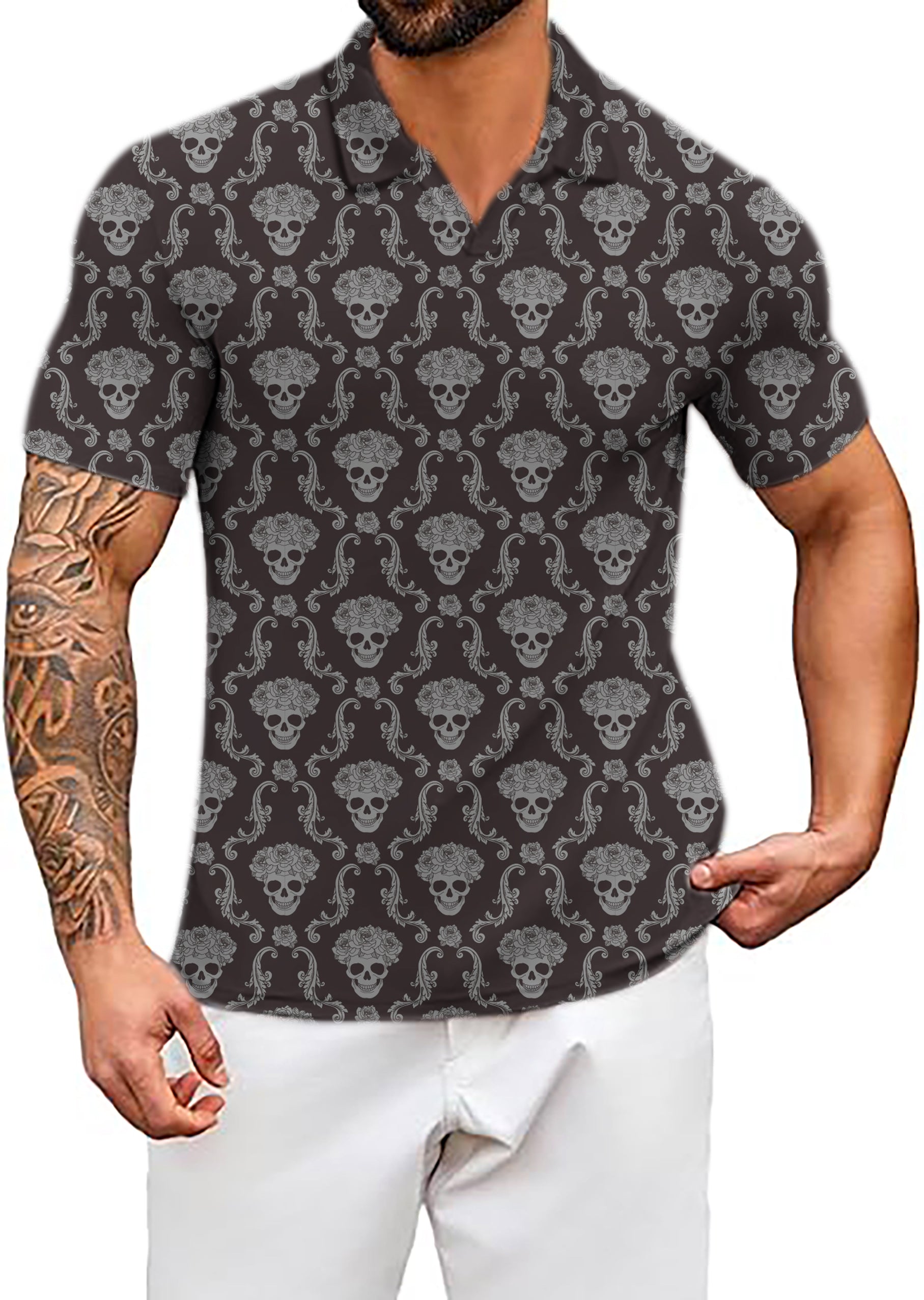 Men's Halloween Classic Skull V Neck Golf Polo Shirts