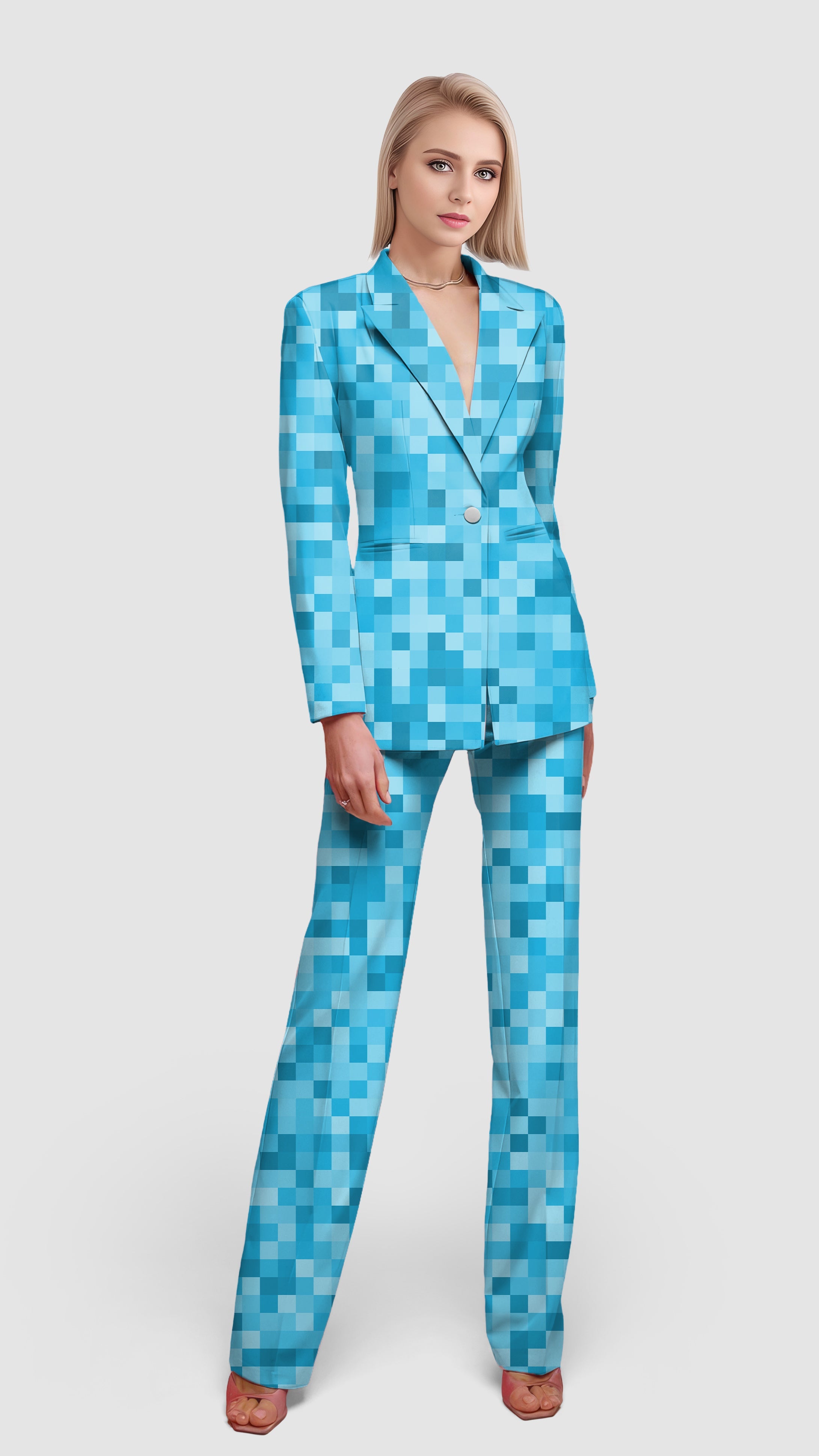 Blue Pixel Big Women's Blazer with pixel pattern, single-button closure, and matching pants for casual and office wear