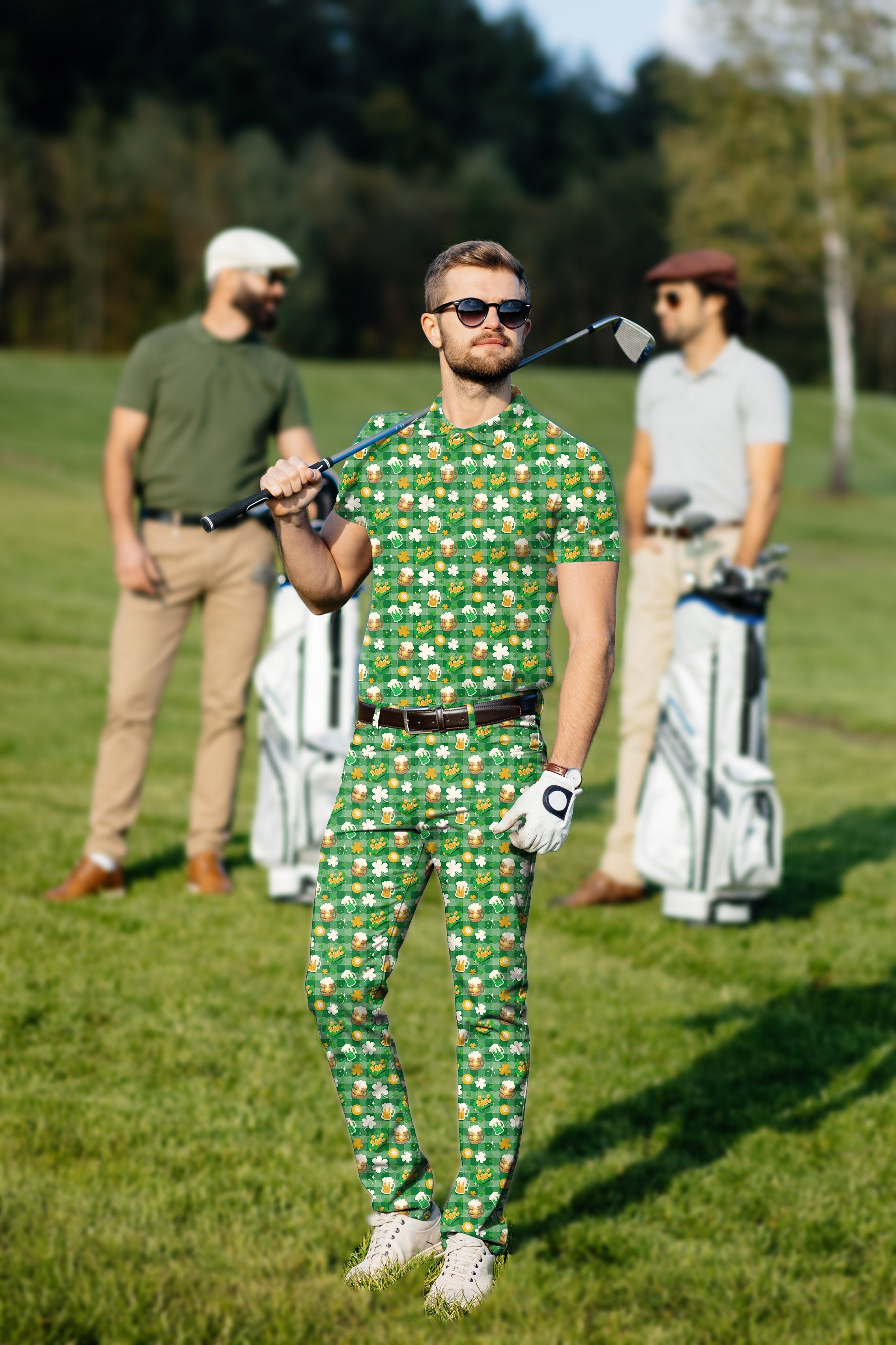 Men's Golf Set green beer and clover leaf St. Patrick's Day polo and pants on golfer