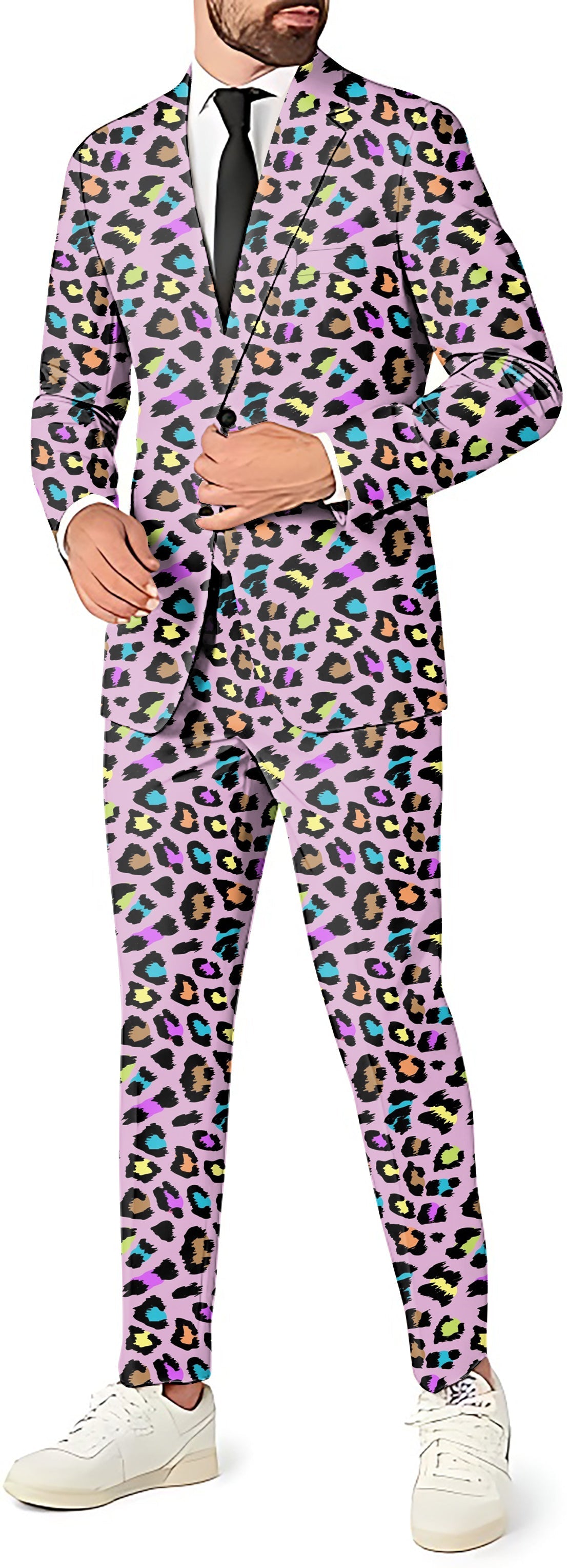 Men's colorful leopard print party suit with blazer, pants, and vest set